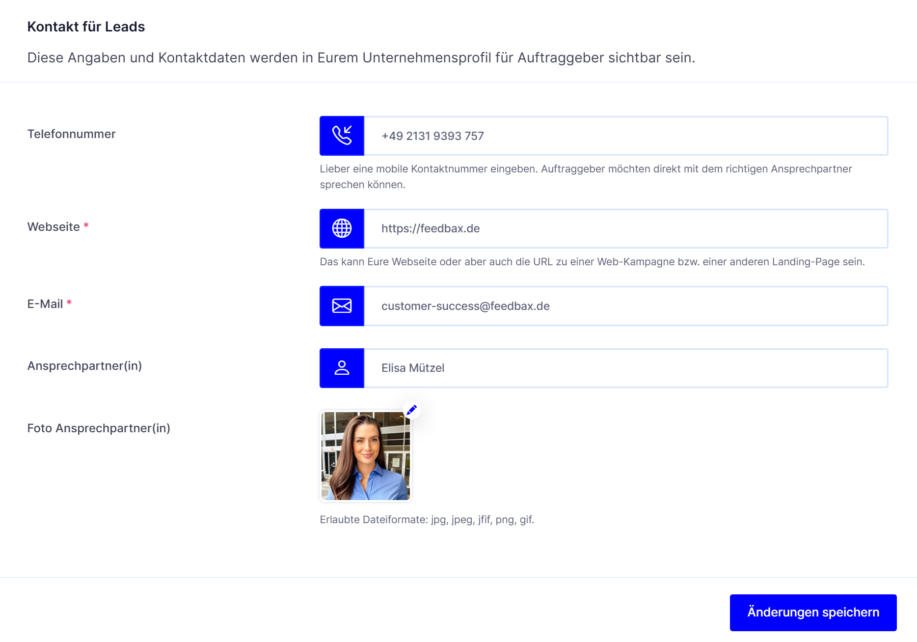 Die Seite Kontakt für Leads mit den Feldern Telefonnummer, Webseite, E-Mail und Ansprechpartner, dem Foto und der Schaltfläche Änderungen speichern