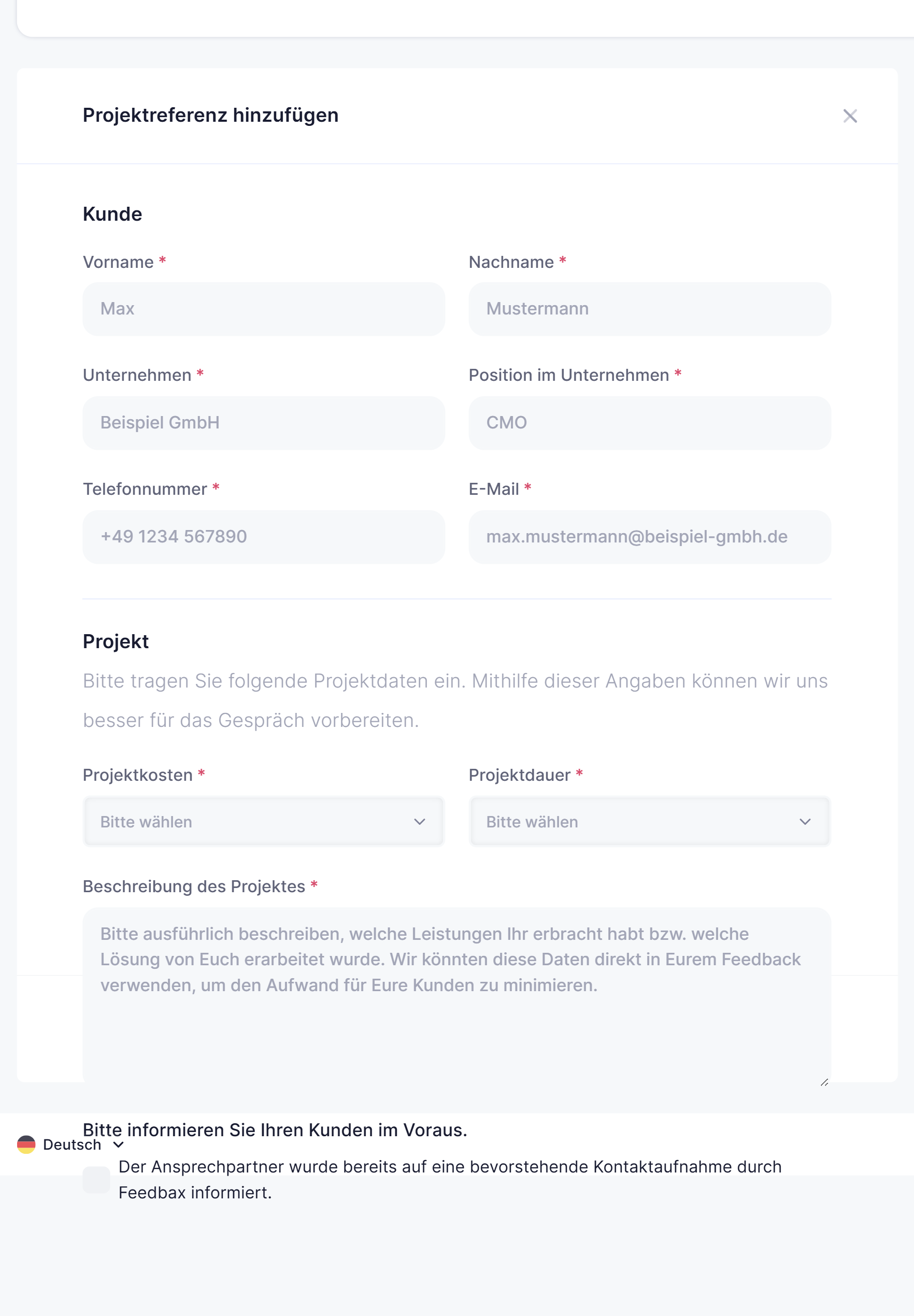 Das Formular Projektreferenz hinzufügen mit den Blöcken Kunde und Projekt