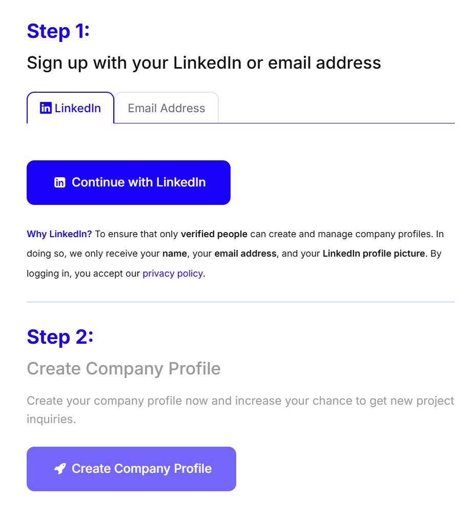 Step 1 of the registration with the LinkedIn and Email Address tabs, the Continue with LinkedIn button and Step 2 Create Company Profile below it