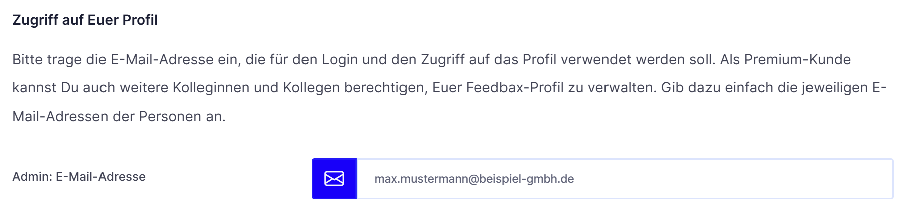Der Abschnitt Zugriff auf Euer Profil mit dem Feld Admin E-Mail-Adresse und einer Beispieladresse