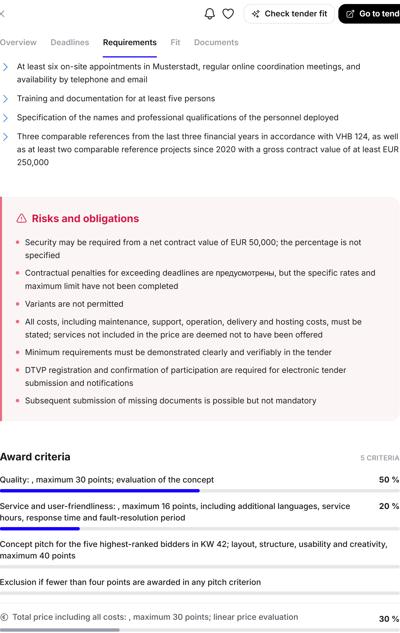 The requirements section with pitfalls, award criteria and required evidence