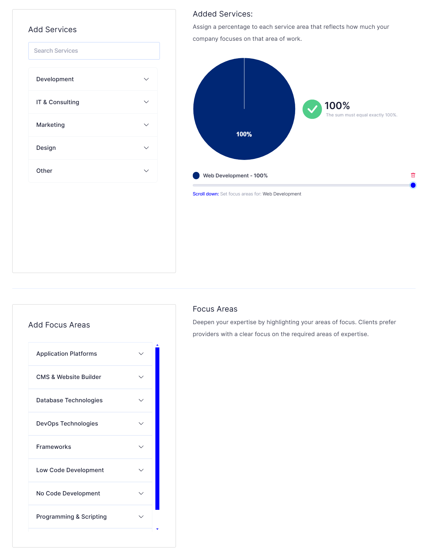 The Add Services card with a single service at one hundred percent and the Add Focus Areas card below it