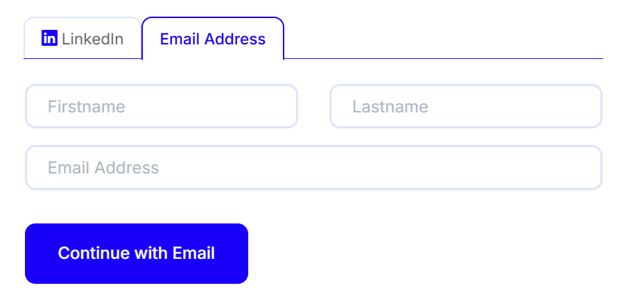 The Email Address tab with the fields for first name, last name and email address and the Continue with Email button