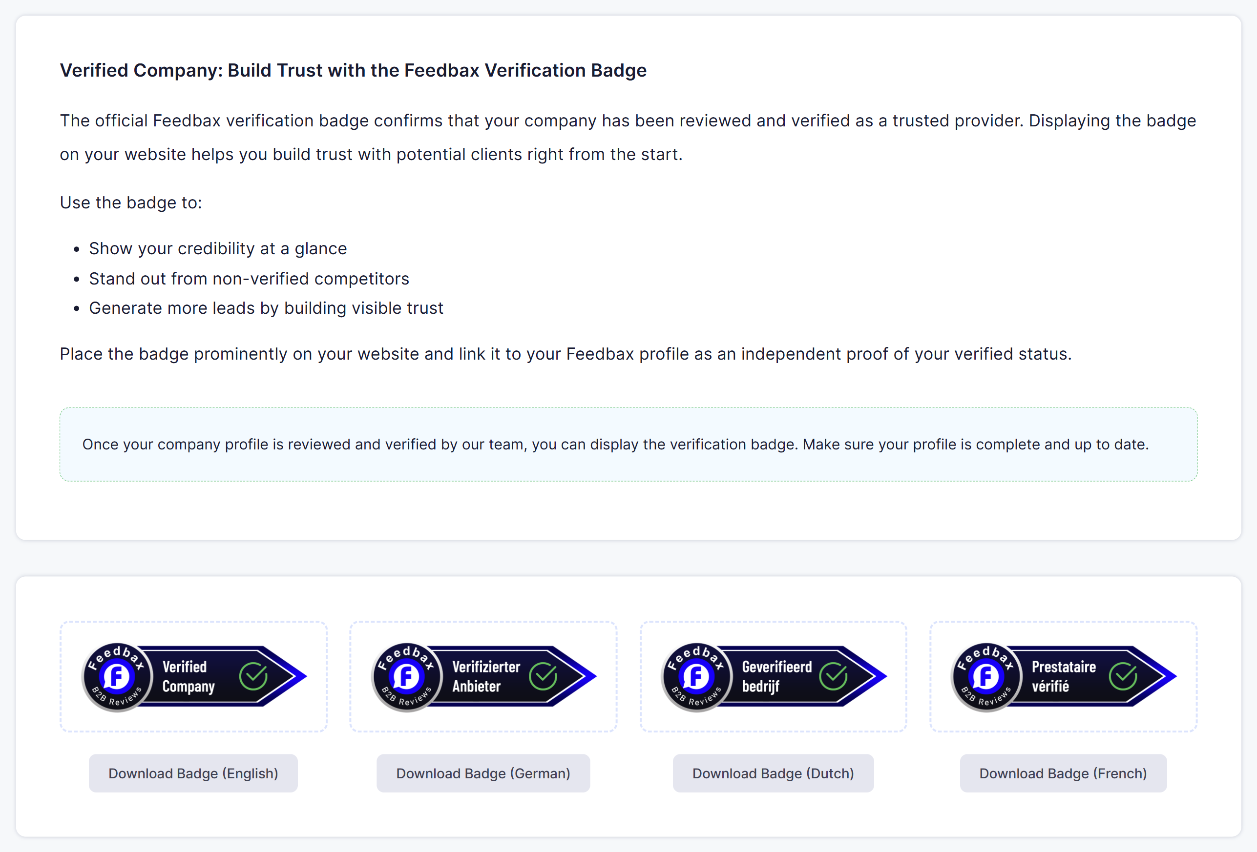 The verified badge page with the condition and the four language versions to download