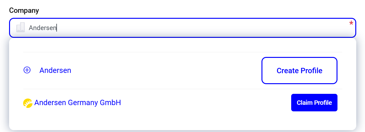 The company field with a typed name and the suggestion list offering Create Profile for a new entry and Claim Profile for an existing one