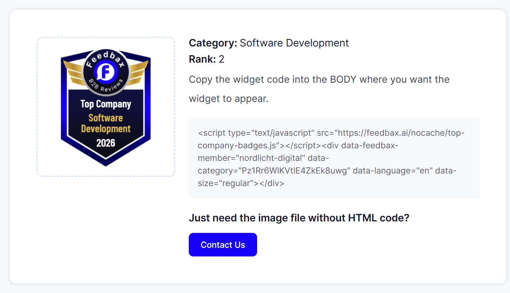 An unlocked badge card with directory, rank and the embed code