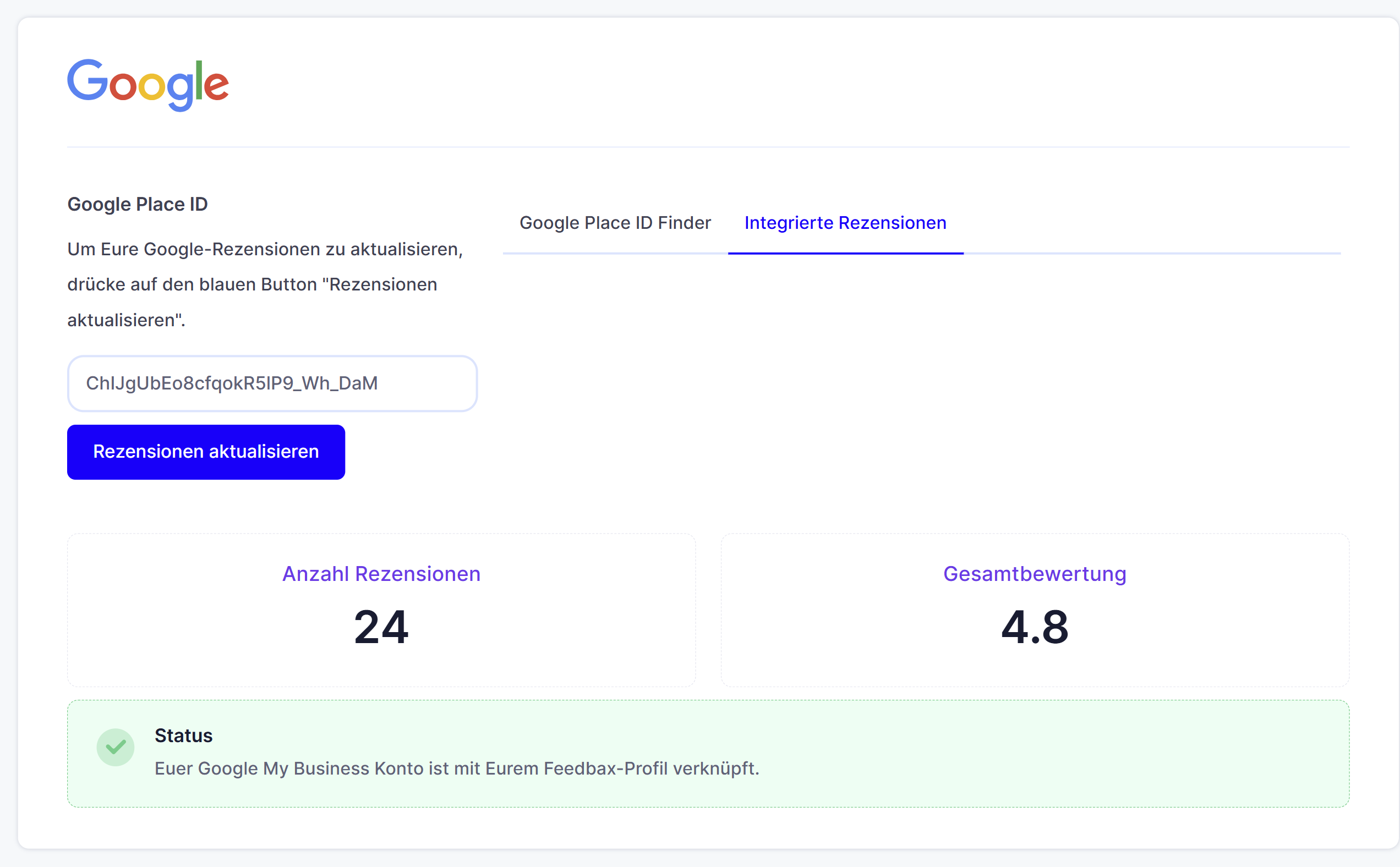 Die Google-Seite mit Kennungsfeld, Aktualisieren-Schaltfläche, den Kennzahlen und dem Status