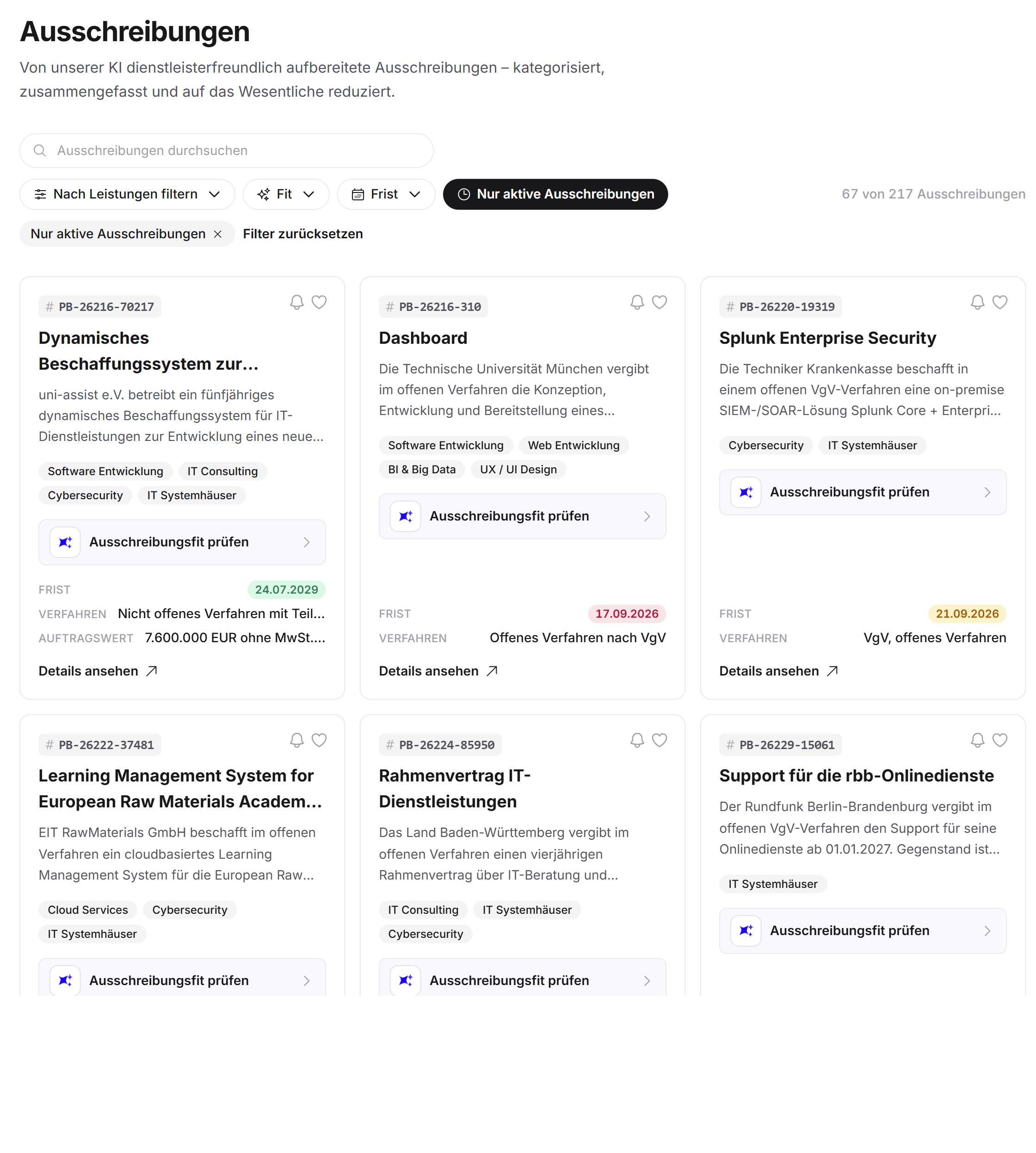 Die Übersicht mit Kopfzeile, Filterleiste, Trefferzahl und zwei Kachelreihen