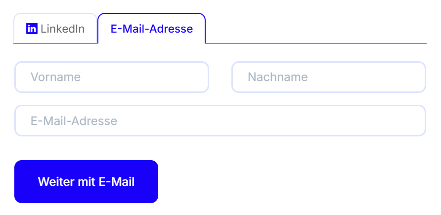Der Reiter E-Mail-Adresse mit den Feldern Vorname, Nachname und E-Mail-Adresse und der Schaltfläche Weiter mit E-Mail