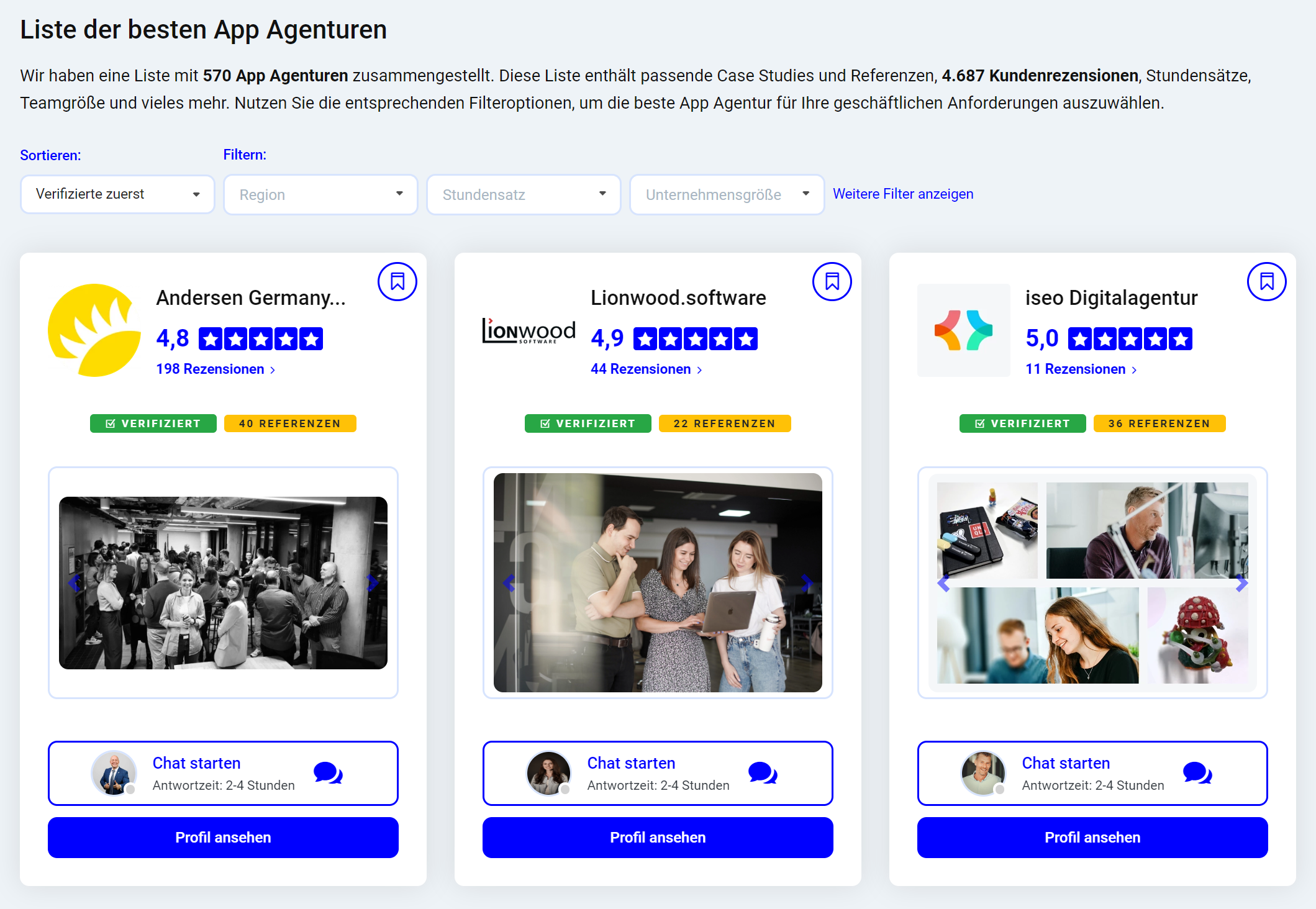 Ein Verzeichnis mit der Trefferzahl, den Filtern und drei Anbieterkarten mit Bewertung, Rezensionen, den Marken Verifiziert und Referenzen, Bildern und den Schaltflächen Chat starten und Profil ansehen
