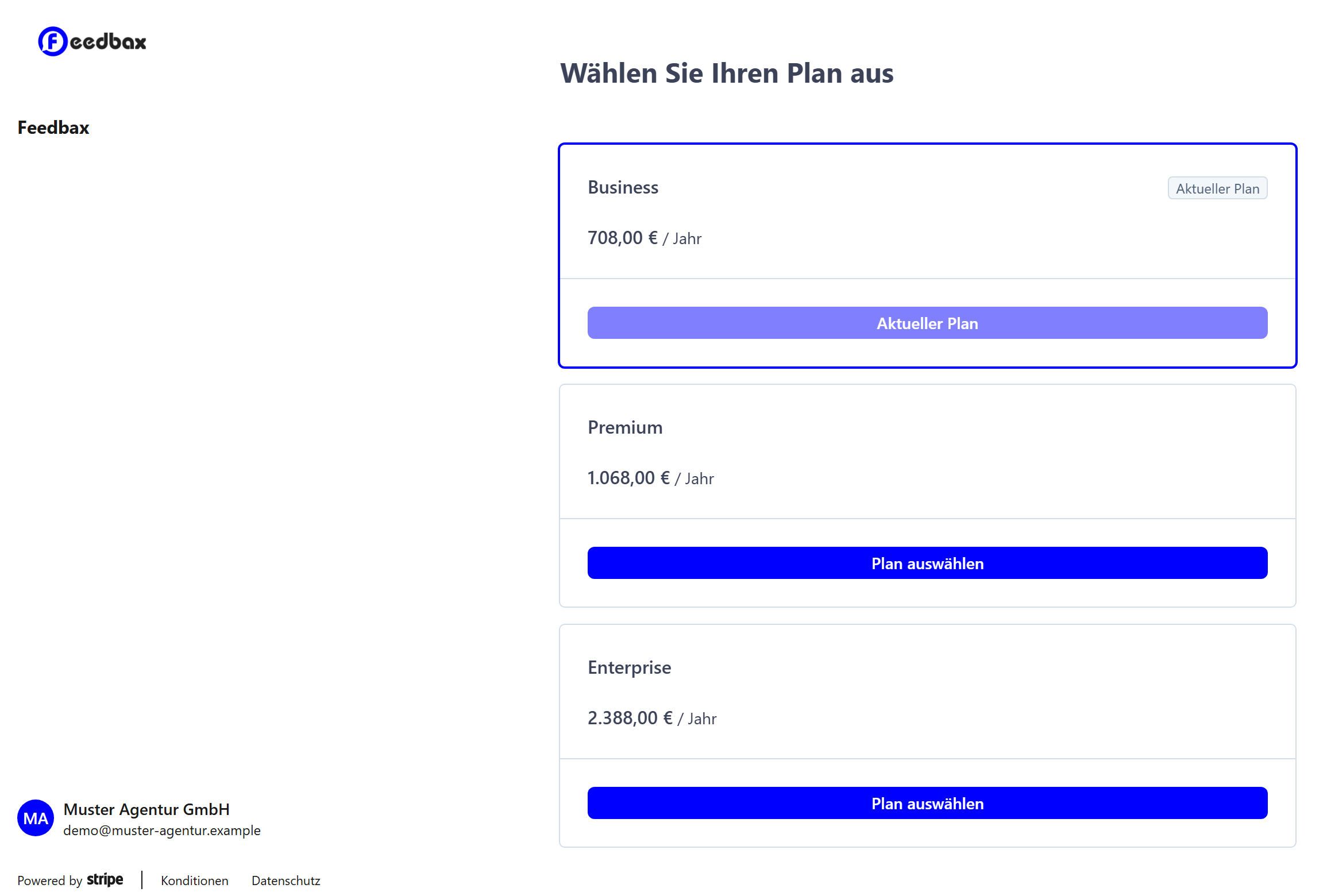 Die Planauswahl im Kundenportal mit Business als aktuellem Plan sowie Premium und Enterprise zur Auswahl