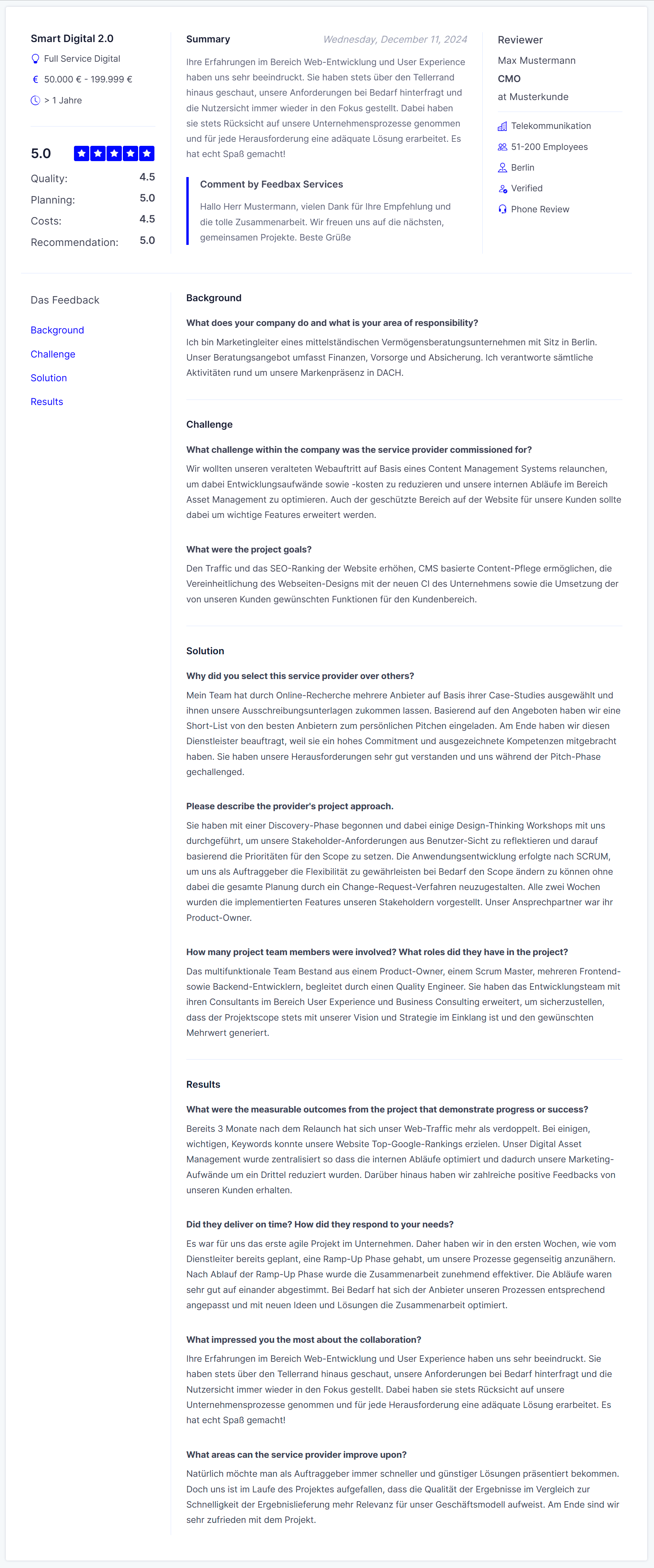 A Feedbax review with the overall rating, the individual scores for quality, planning, costs and recommendation, the summary, the reviewer details and the detailed answers on background, challenge, solution and results