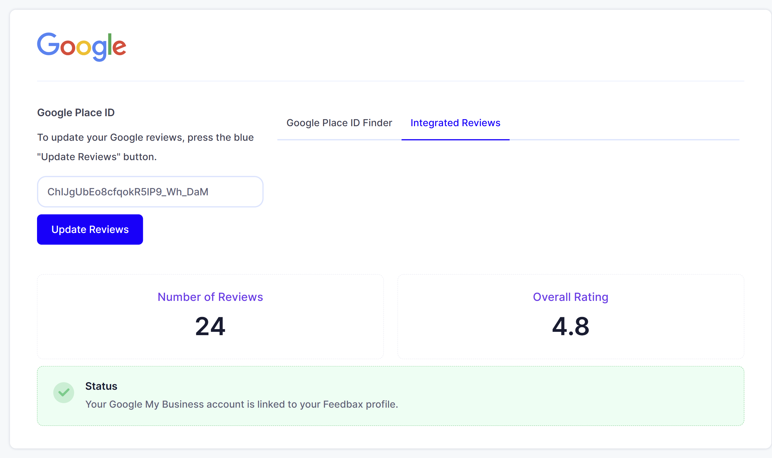 The Google page with the identifier field, the update button, the key figures and the status