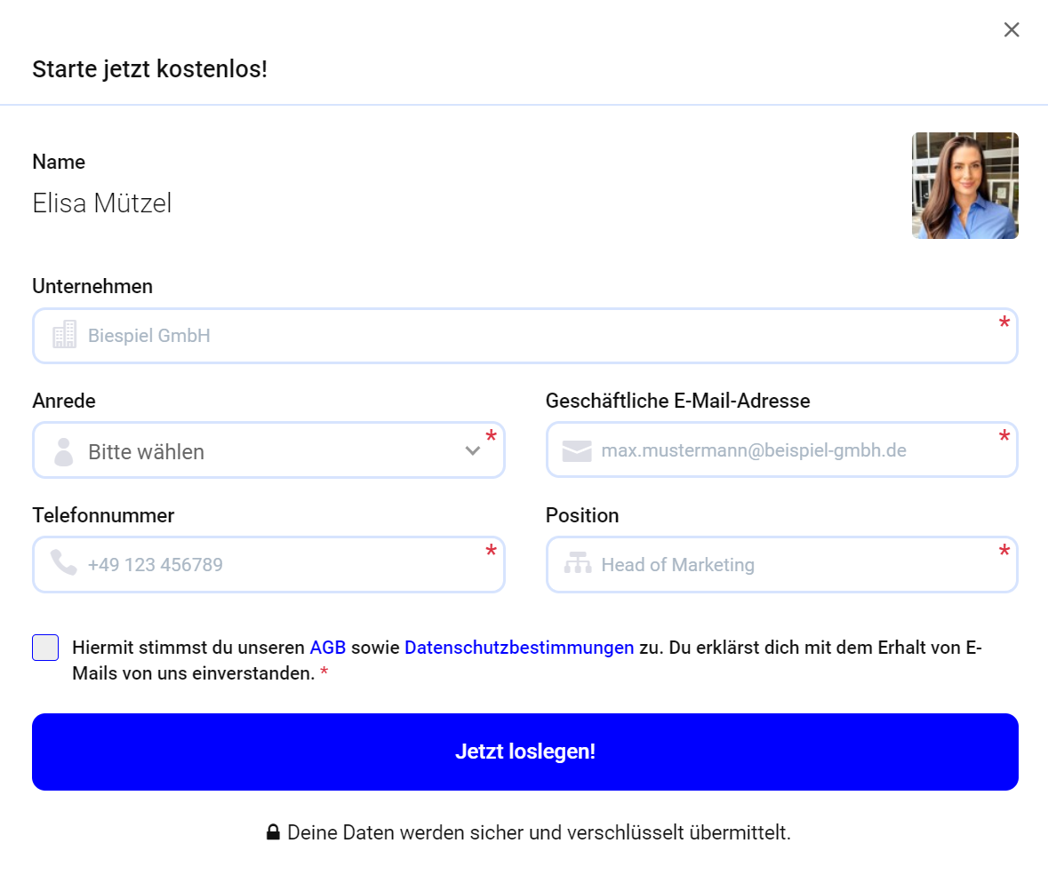 Das Fenster Starte jetzt kostenlos mit den Feldern Unternehmen, Anrede, geschäftliche E-Mail-Adresse, Telefonnummer und Position, dem Einwilligungshaken und der Schaltfläche Jetzt loslegen