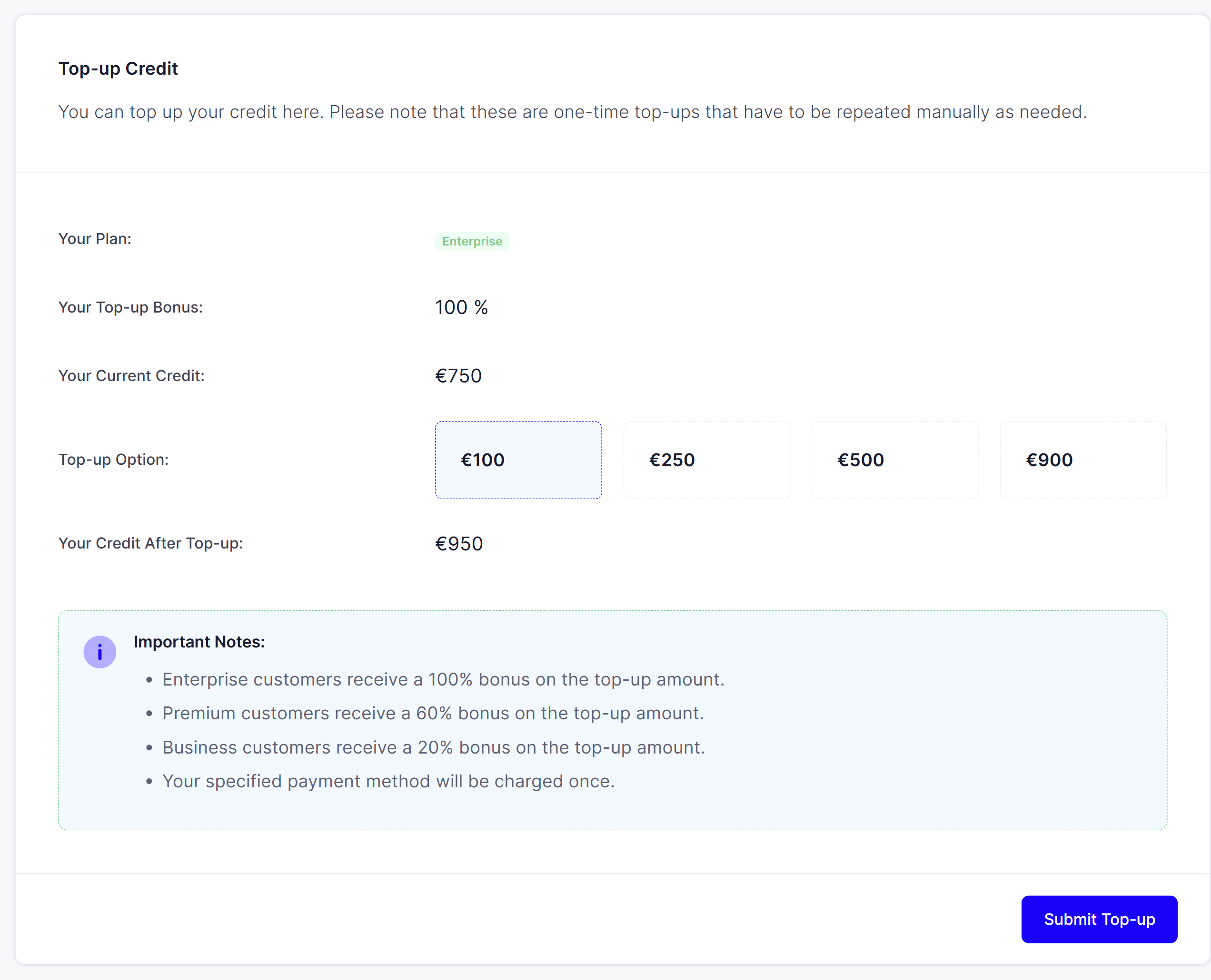 The credit page with plan, top-up bonus, current credit and the four top-up options