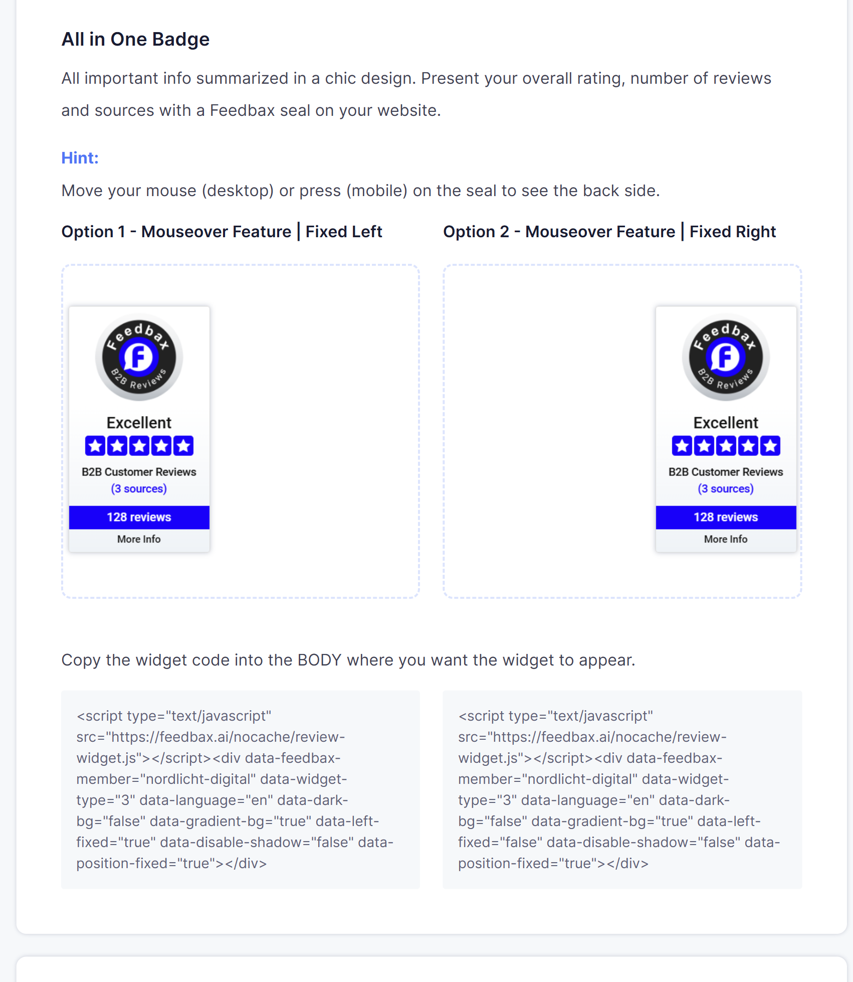 The review widgets page with two previews of the all in one badge and the embed code below them