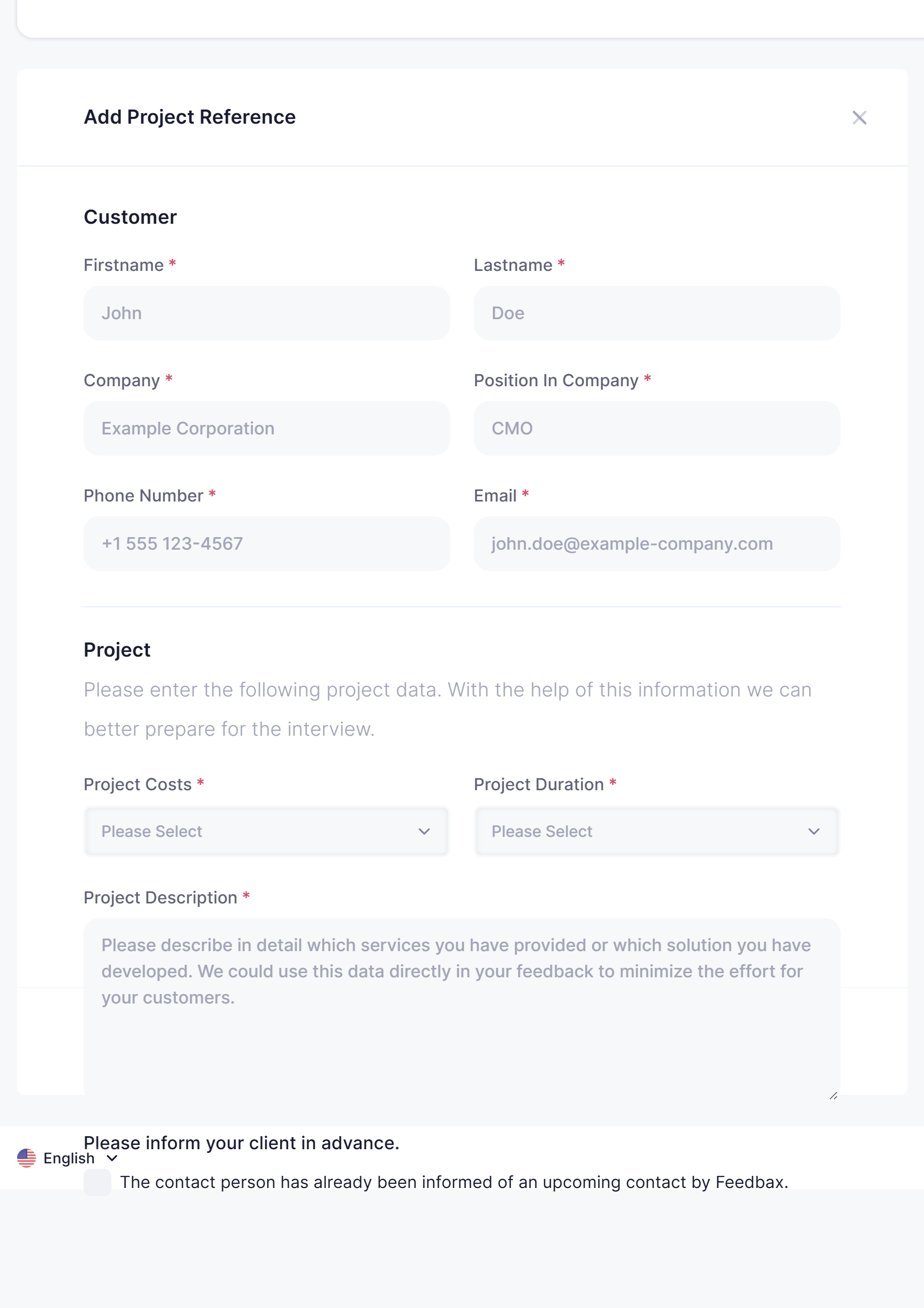 The Add project reference form with the customer and project blocks