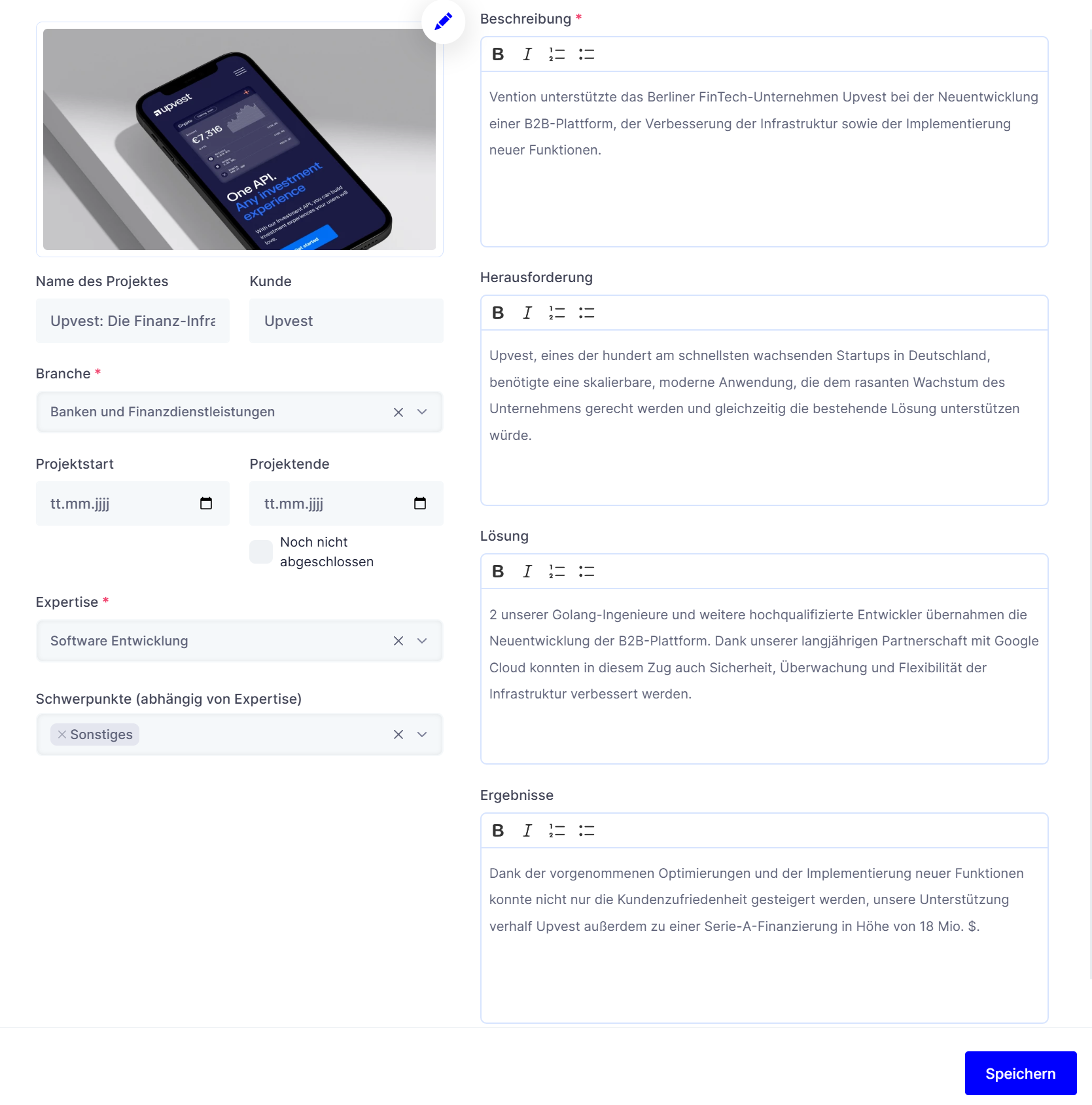 Der Case-Study-Editor mit Projektbild, Projektname, Kunde, Branche, Zeitraum, Expertise und Schwerpunkten links und den Textfeldern für Beschreibung, Herausforderung, Lösung und Ergebnisse rechts