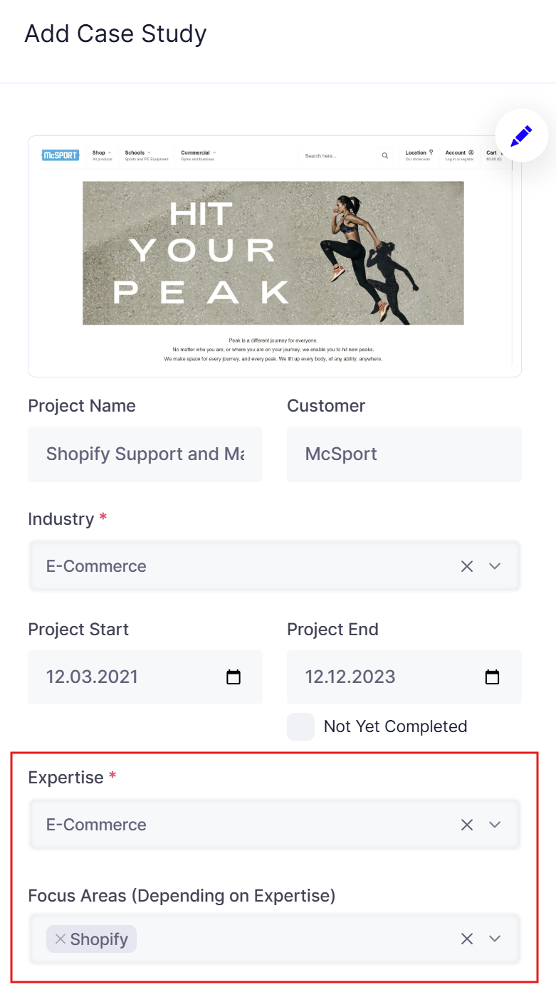 The Add Case Study form with the project details and the Expertise and Focus Areas fields highlighted in red