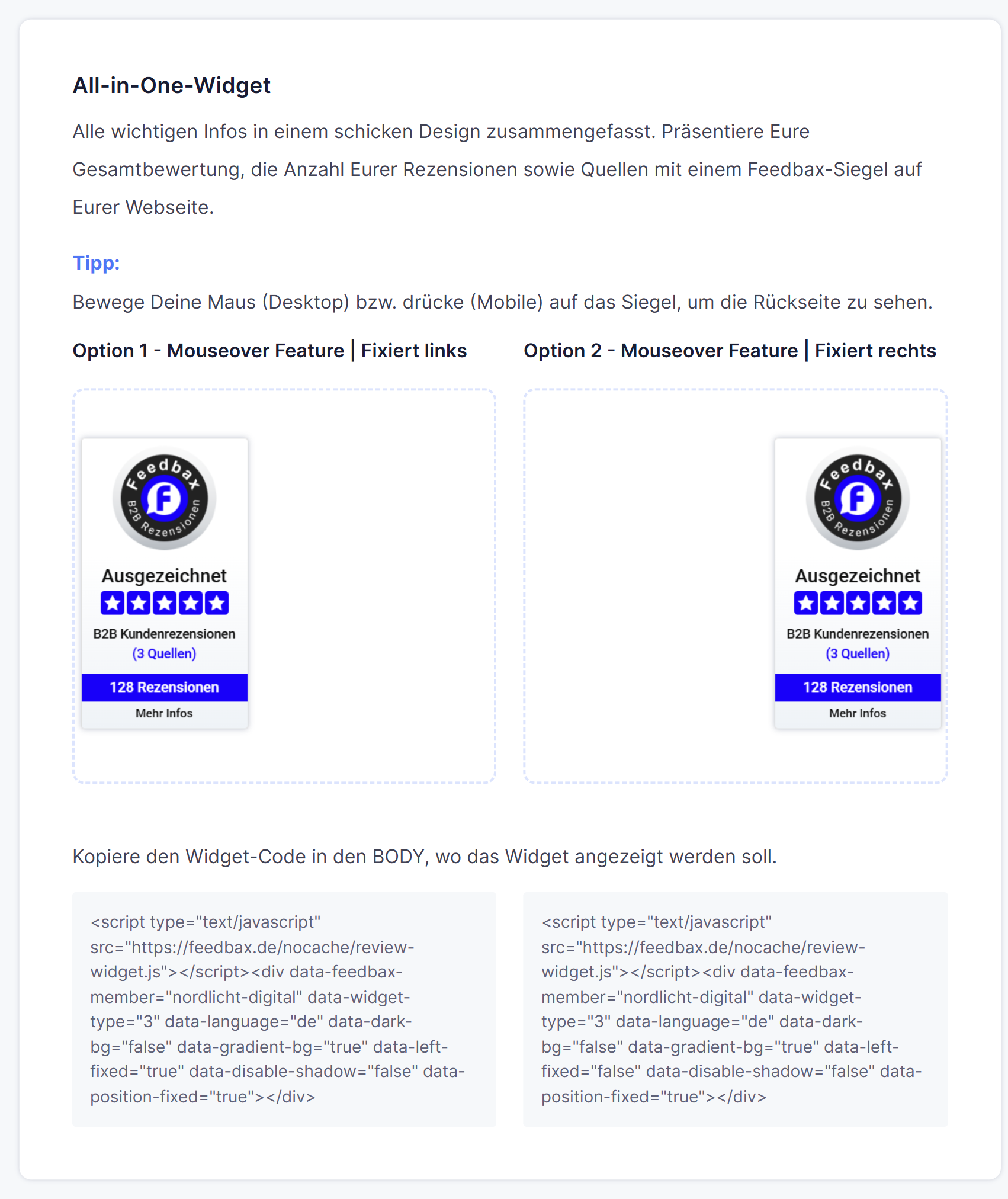 Die Seite Bewertungs-Widgets mit zwei Vorschauen des All-in-One-Widgets und dem Einbettungscode darunter