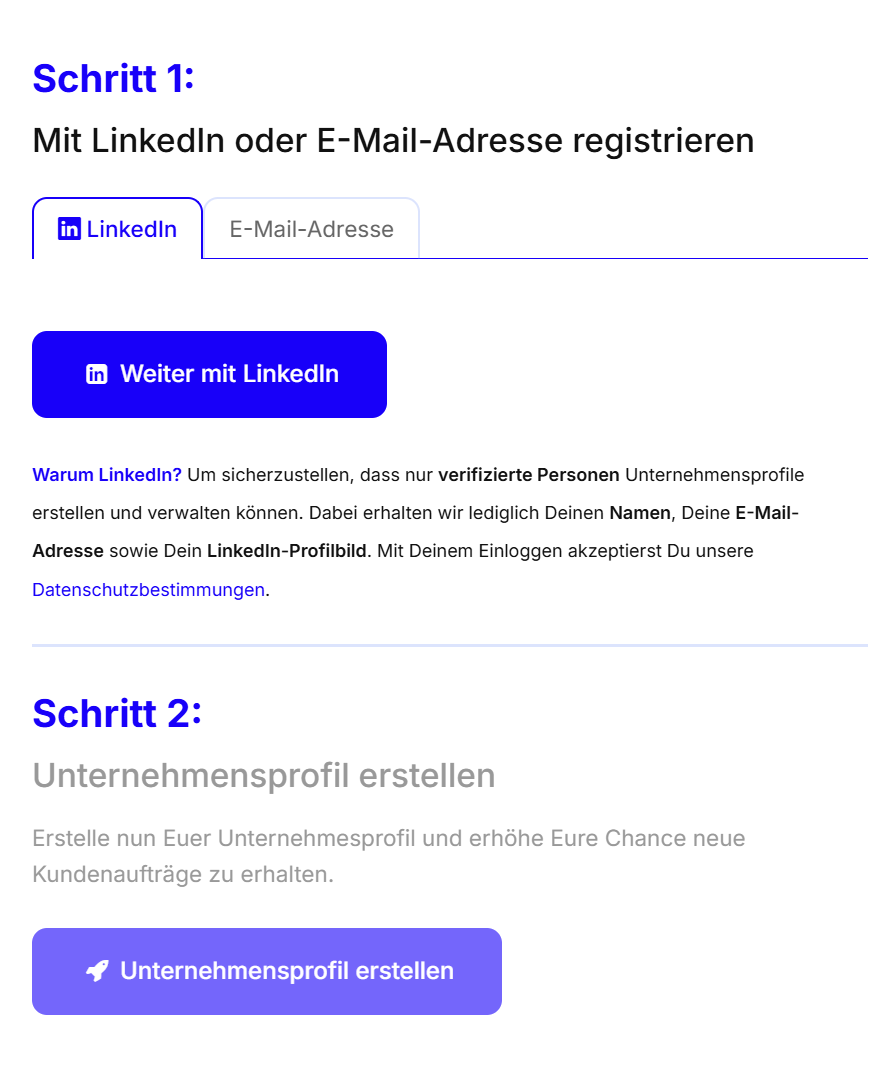 Schritt 1 der Registrierung mit den Reitern LinkedIn und E-Mail-Adresse, der Schaltfläche Weiter mit LinkedIn und darunter Schritt 2 Unternehmensprofil erstellen