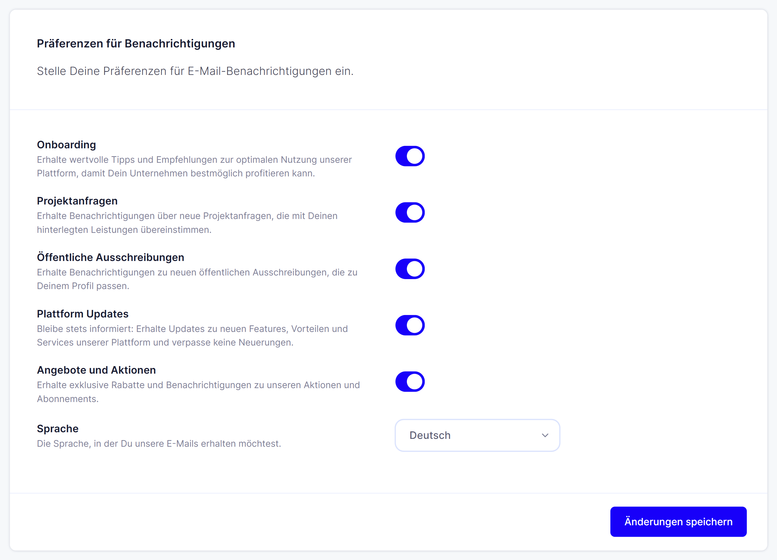 Die Seite Benachrichtigungen mit den fünf Schaltern und der Sprachwahl