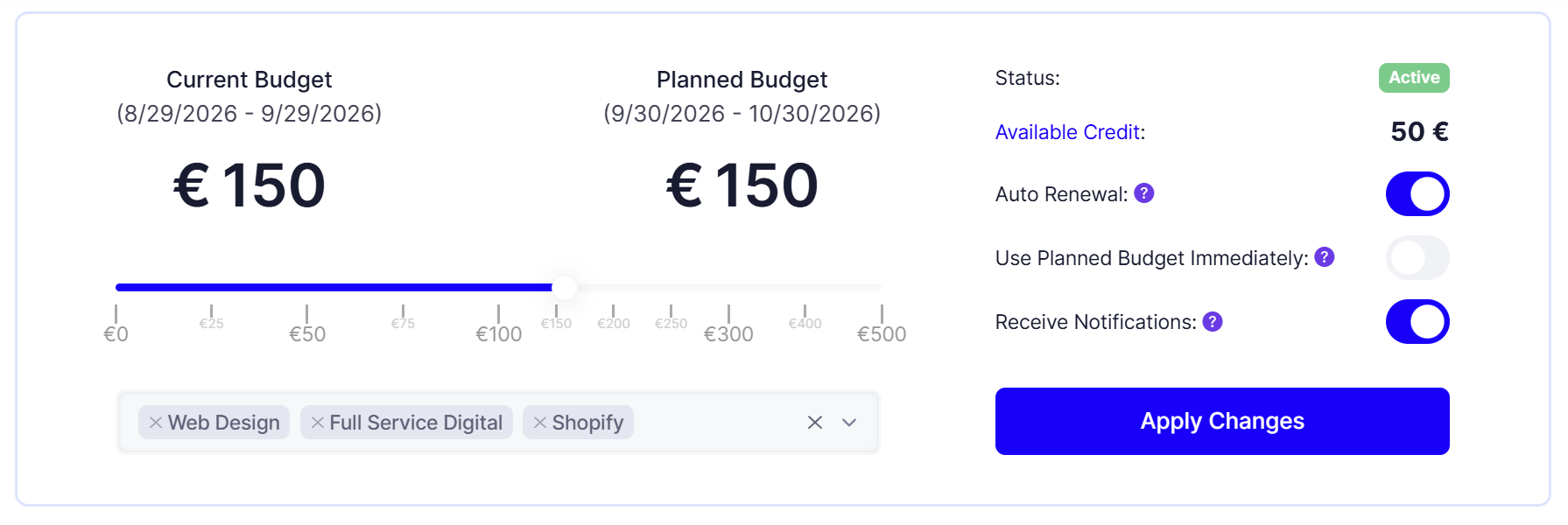 The configurator with budget slider, status, available credit and the three switches