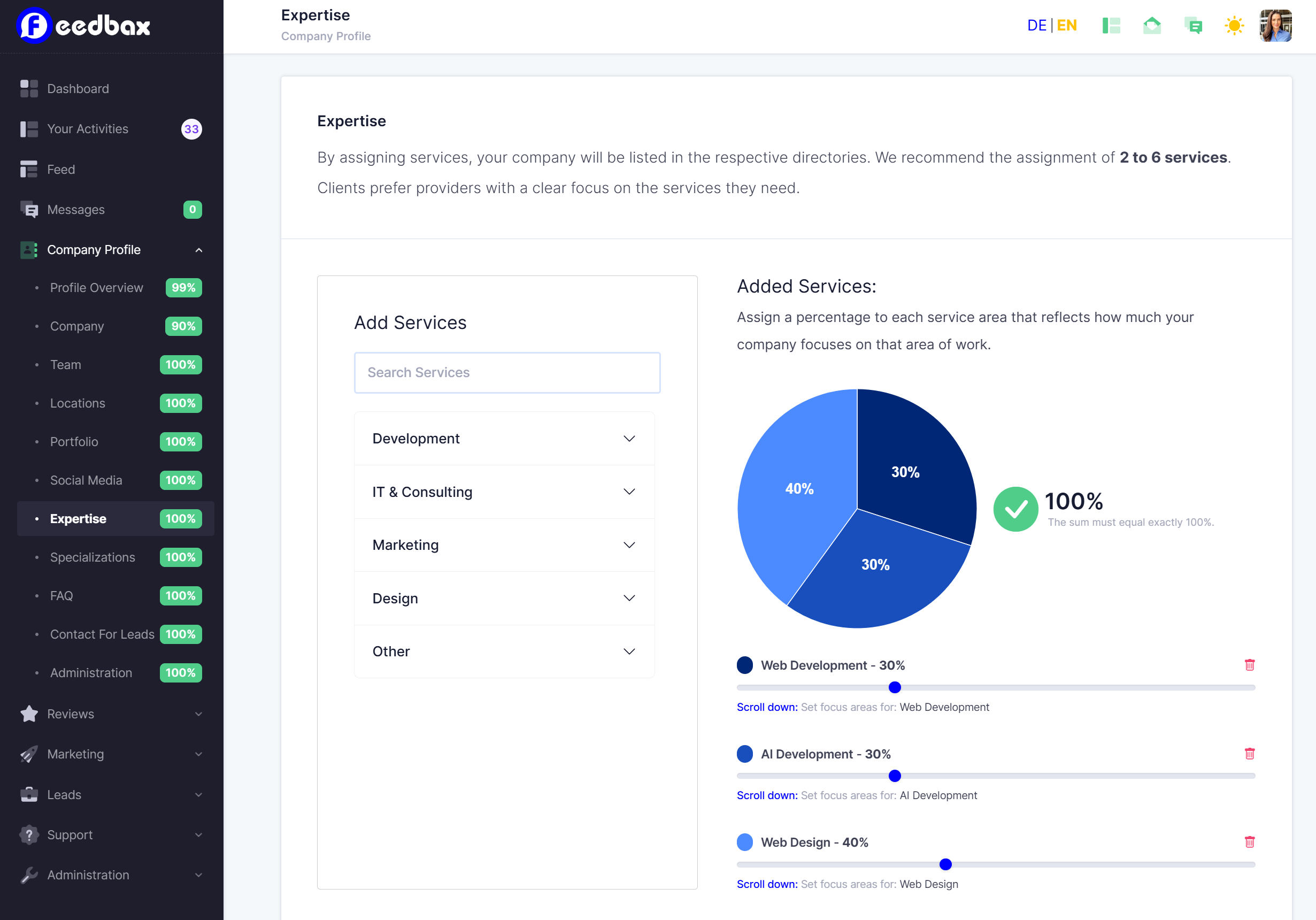 The Expertise page of the company profile with the service catalogue on the left and the pie chart of the added services with their percentages on the right