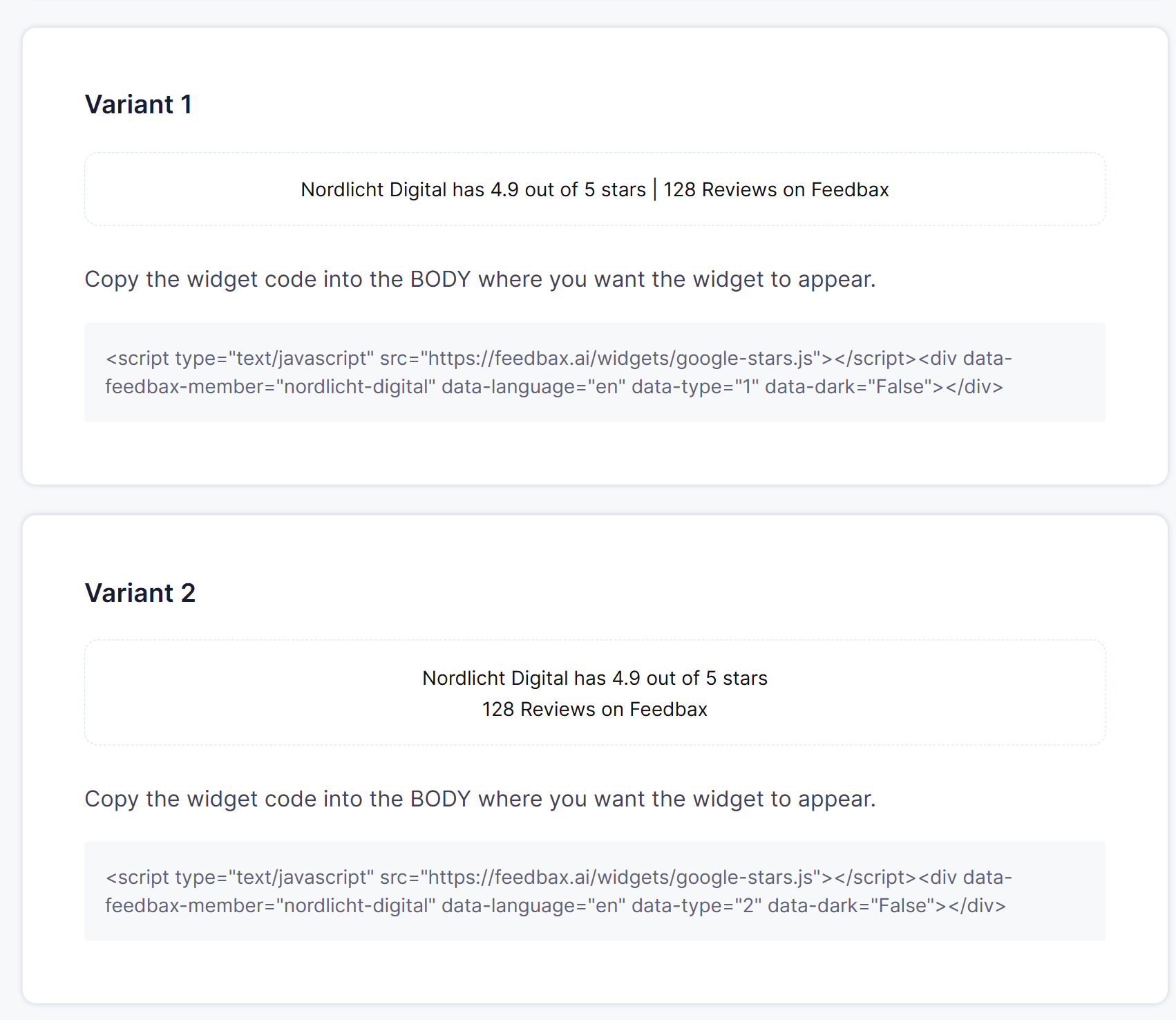 Two variants of the Google stars with a preview and the matching embed code