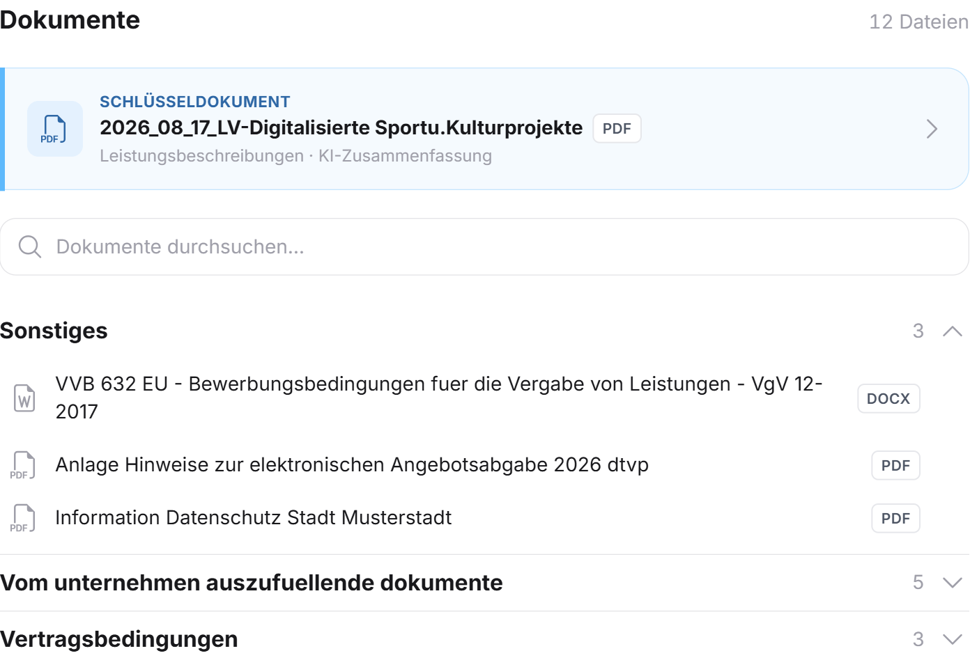 Die Dokumentenliste mit Schlüsseldokument, Suchfeld und den Gruppen