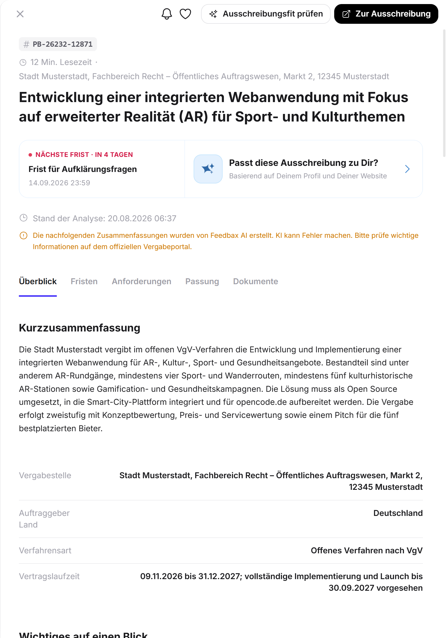 Die geöffnete Ausschreibung mit Kopfleiste, Fristkarte, Fit-Einladung und Reiterleiste