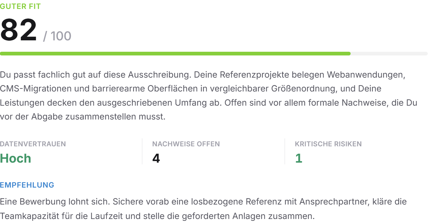 Die Ergebniskarte mit Einstufung, Punktwert, Datenvertrauen, offenen Nachweisen und Empfehlung