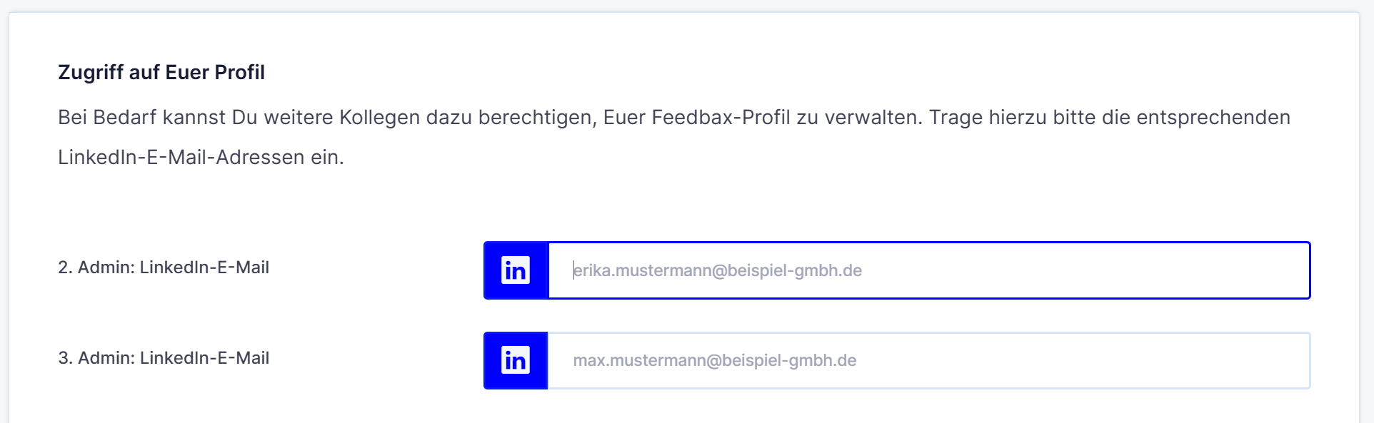 Der Abschnitt Zugriff auf Euer Profil mit den Feldern für die zweite und dritte Admin-LinkedIn-E-Mail-Adresse