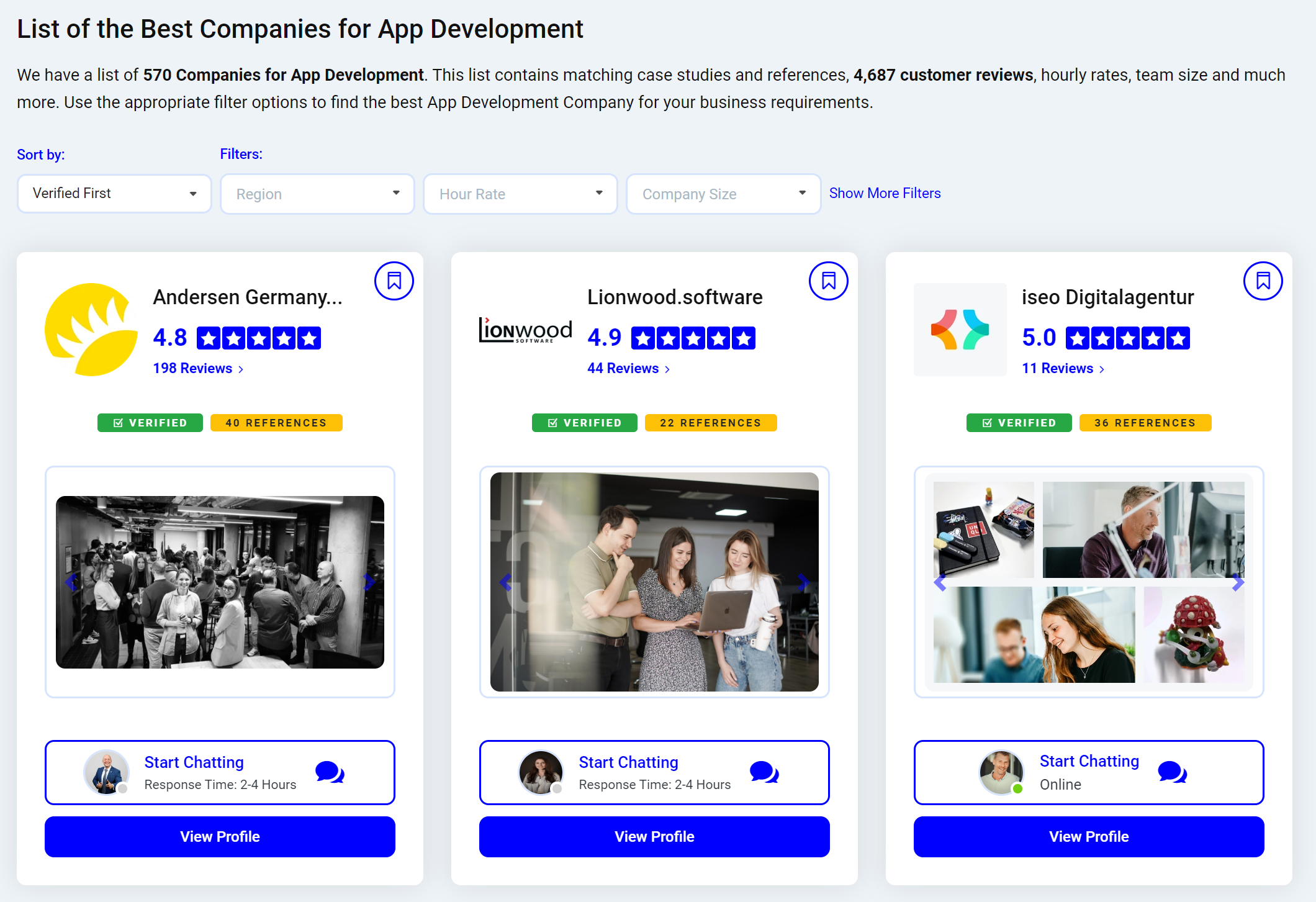 A directory with the result count, the filters and three provider cards showing rating, reviews, the Verified and References badges, images and the Start Chatting and View Profile buttons