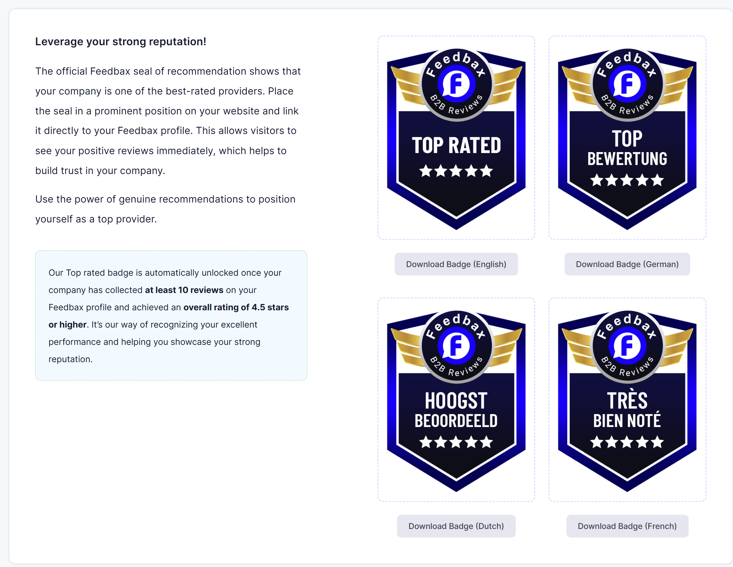 The top rated badge page with the unlock condition and the four language versions to download
