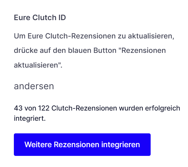 Die Karte Eure Clutch ID mit der Zahl der bereits integrierten Clutch-Rezensionen und der Schaltfläche Weitere Rezensionen integrieren