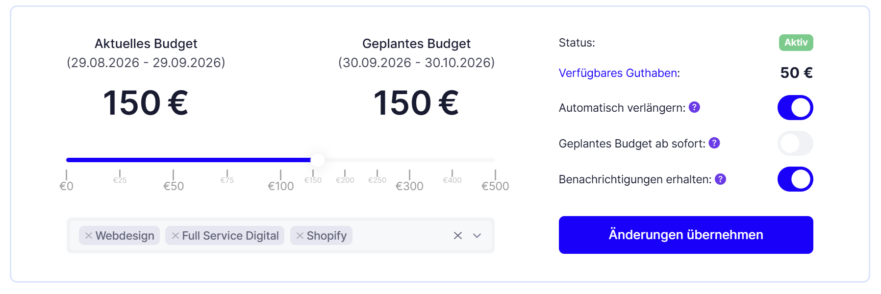 Der Konfigurator mit Budgetregler, Status, verfügbarem Guthaben und den drei Schaltern
