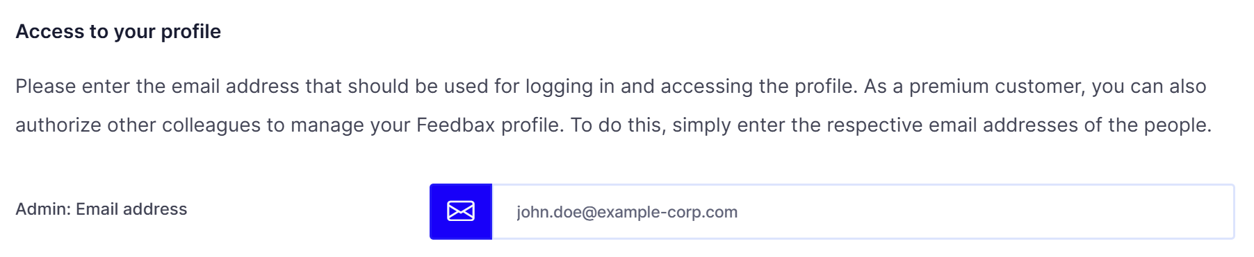 The Access to your profile section with the admin email address field and a sample address
