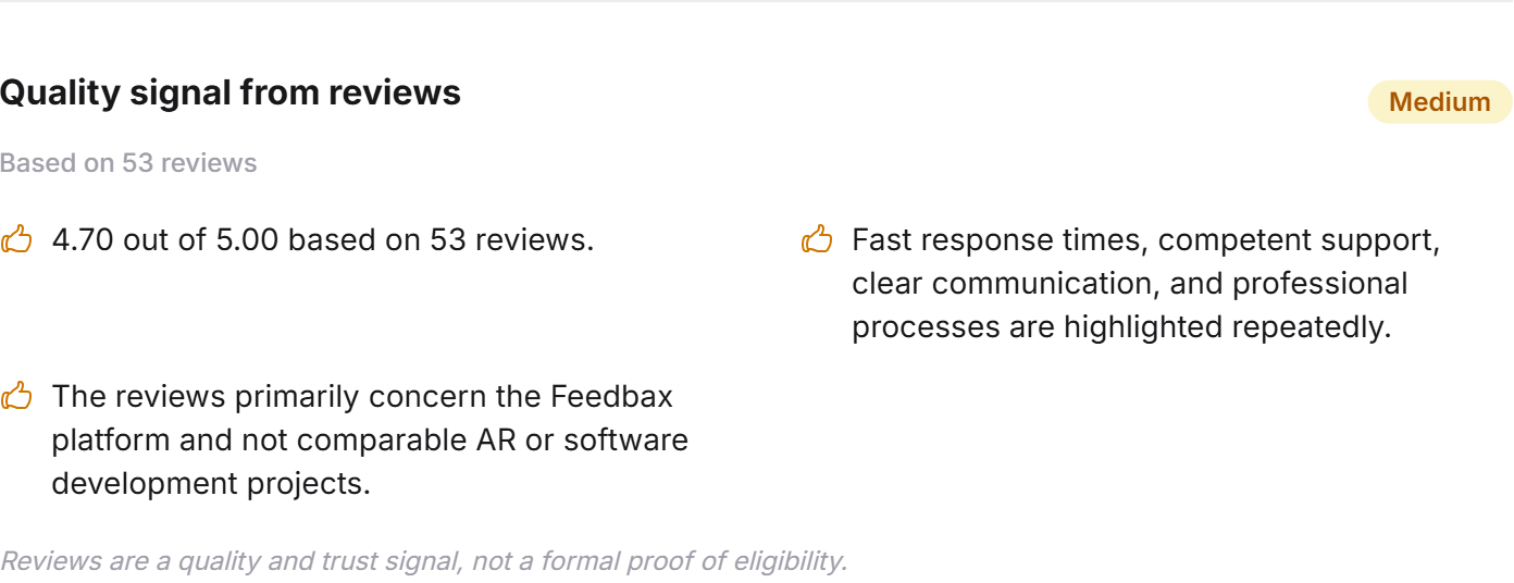 The quality signal from reviews with level, basis and recurring themes