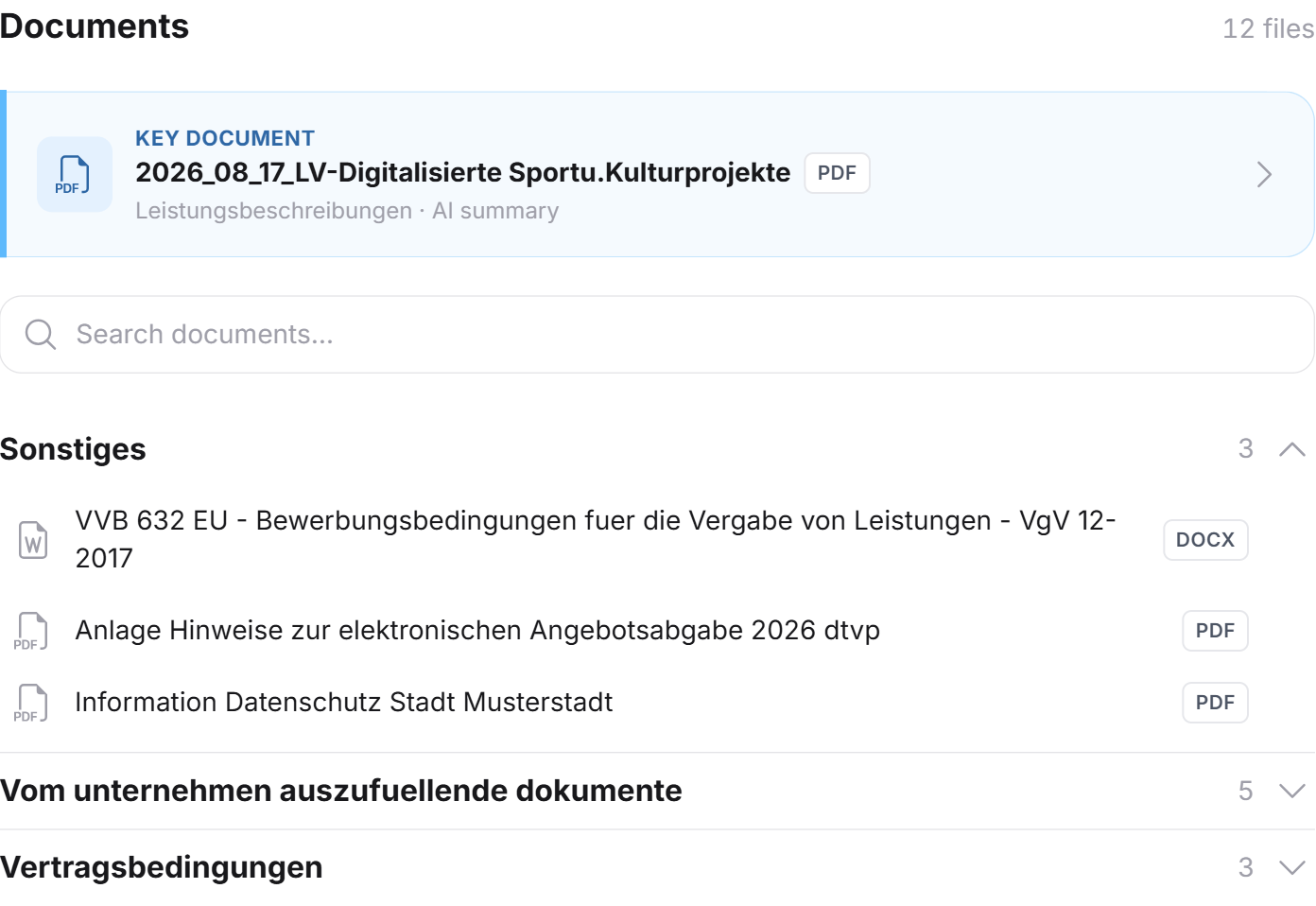 The document list with the key document, the search box and the groups