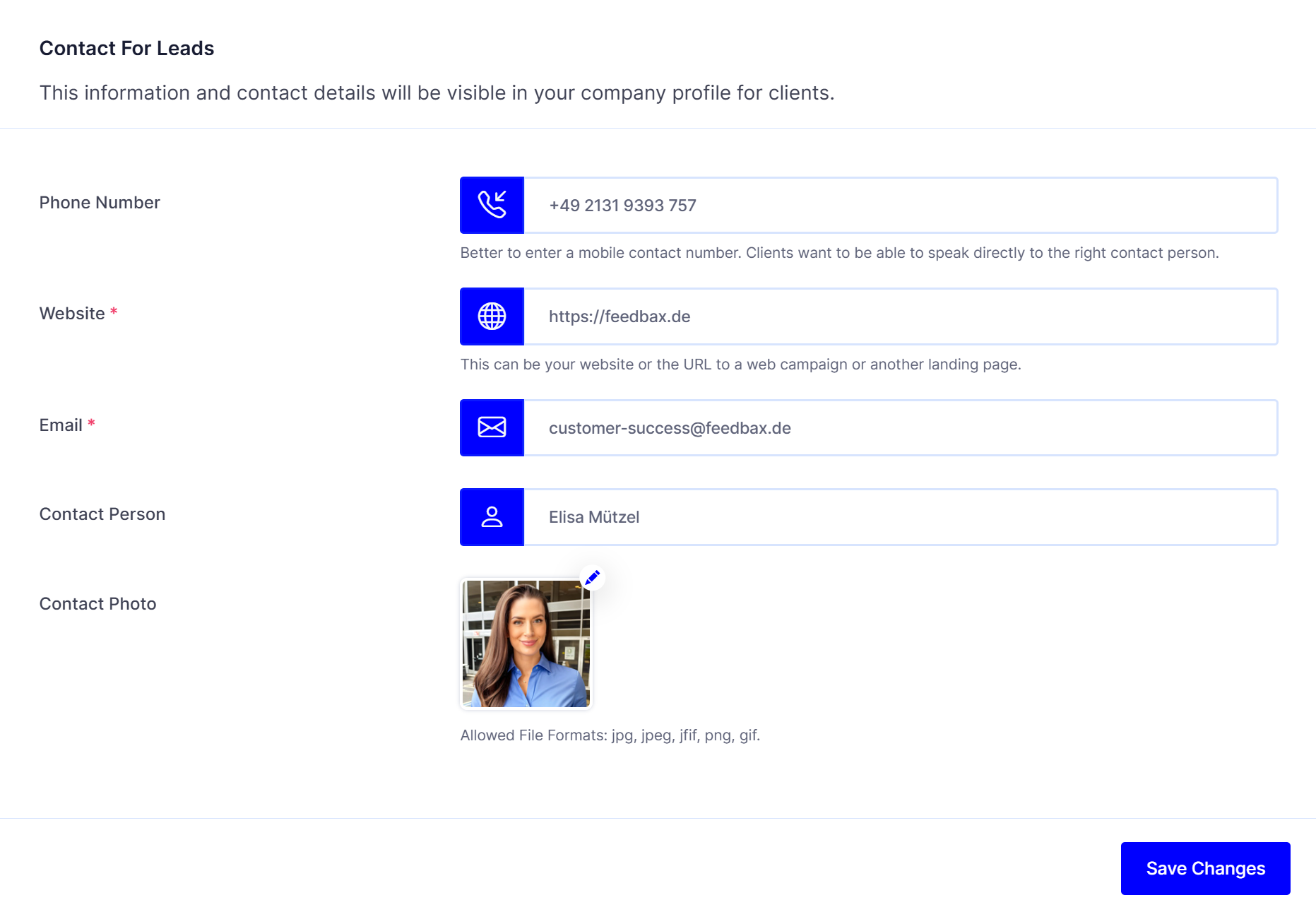 The Contact For Leads page with the phone number, website, email and contact person fields, the contact photo and the Save Changes button