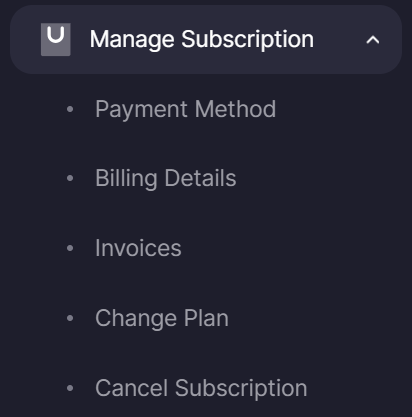 The expanded Manage Subscription menu in the sidebar with Payment Method, Billing Details, Invoices, Change Plan and Cancel Subscription