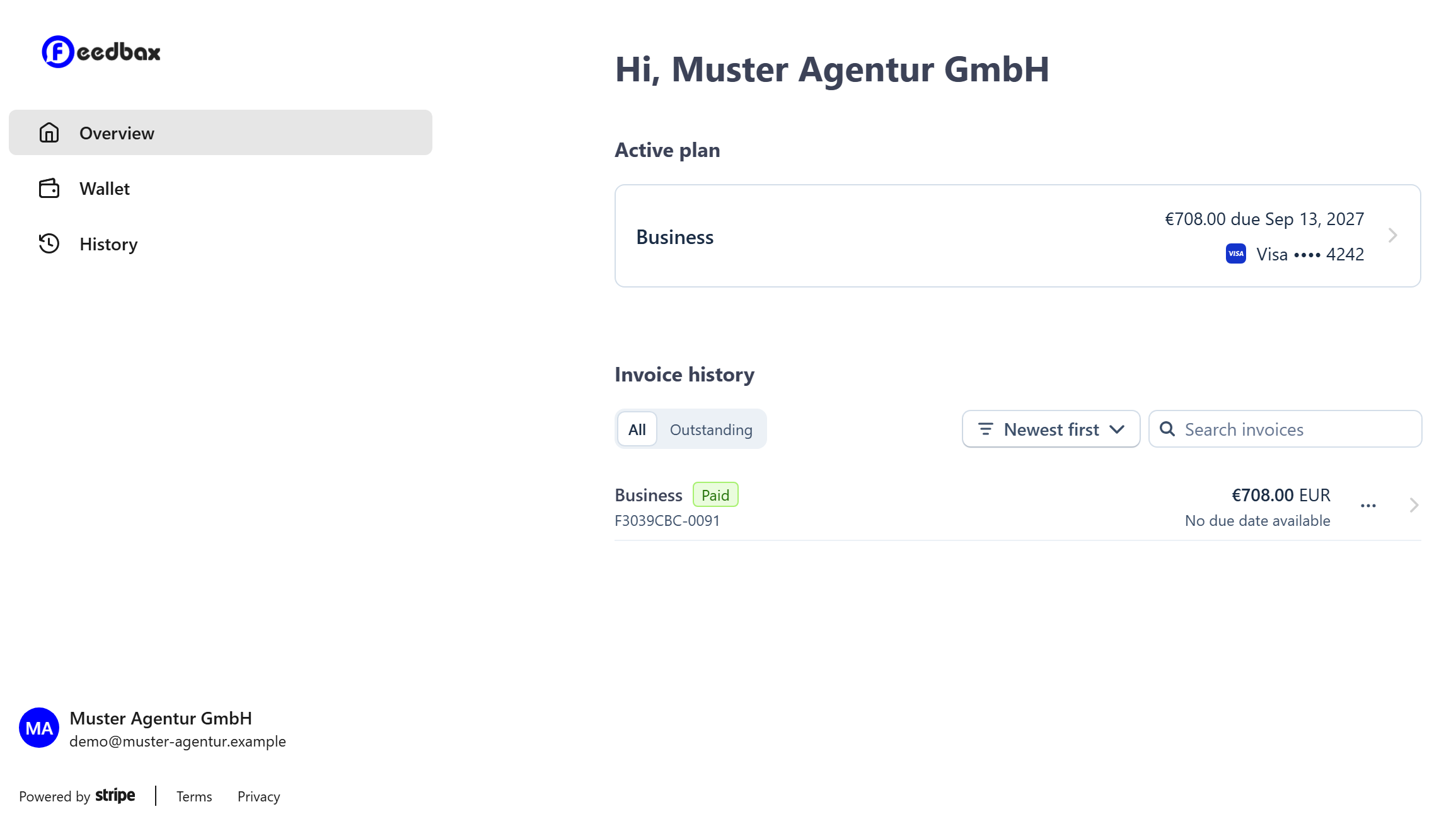 The customer portal overview with the active Business plan, the stored Visa card and the invoice history