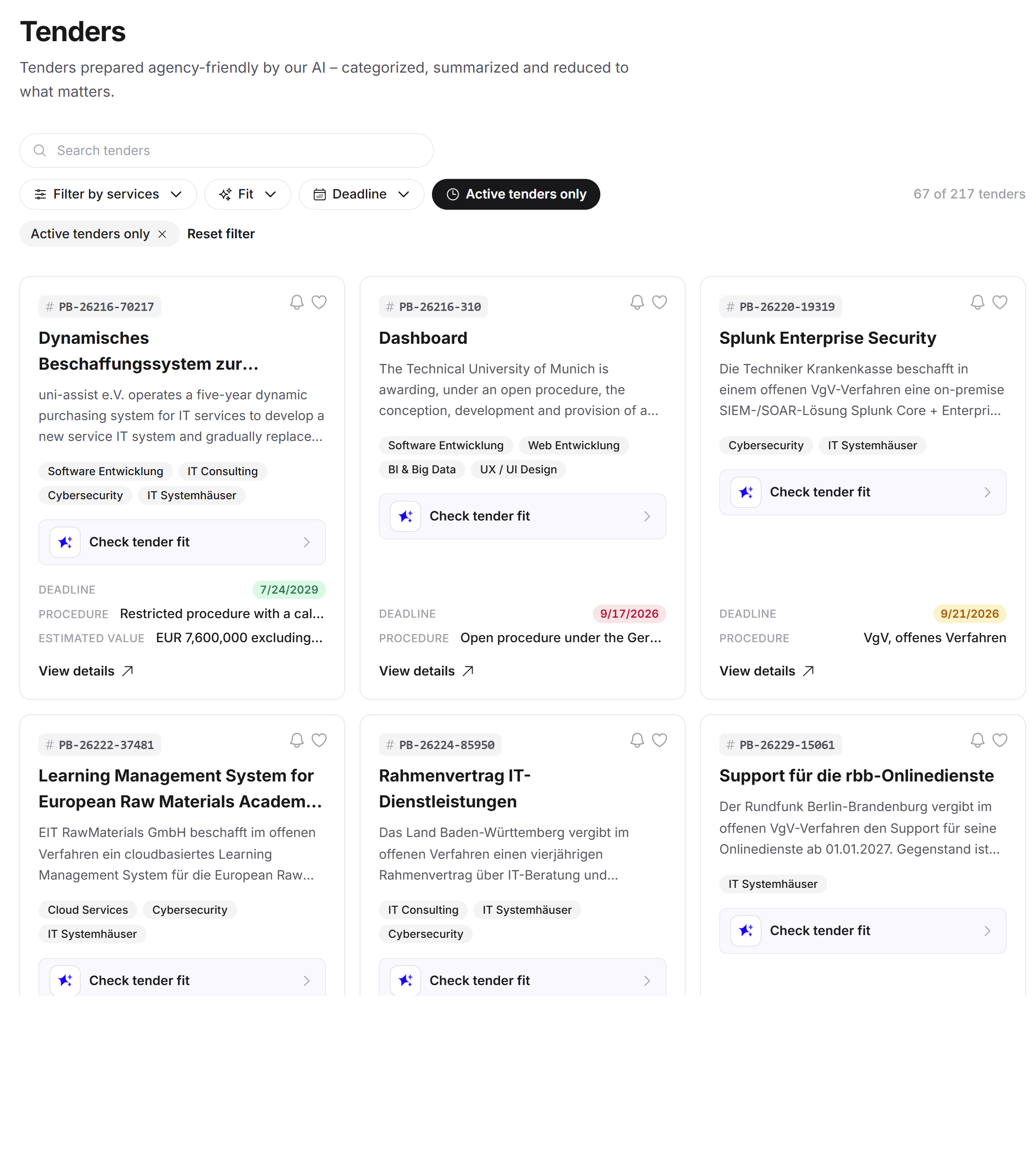 The overview with header, filter bar, result count and two rows of cards