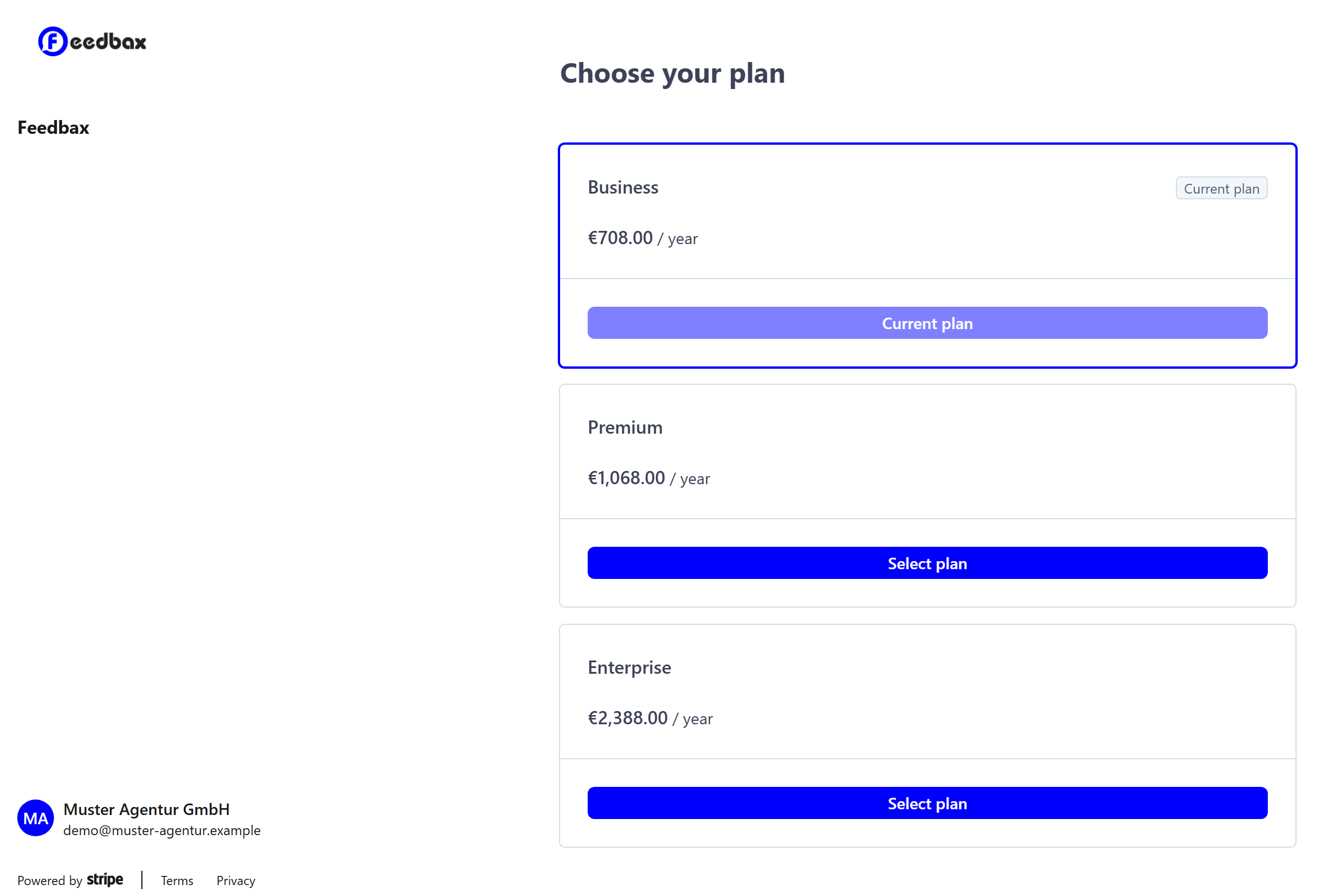 The plan picker in the customer portal with Business as the current plan and Premium and Enterprise to choose from