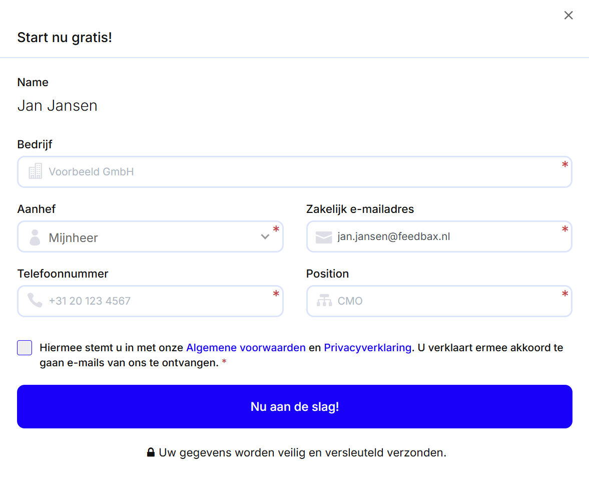 Het venster Start nu gratis met de velden bedrijf, aanhef, zakelijk e-mailadres, telefoonnummer en functie, het vinkje voor toestemming en de knop Nu aan de slag