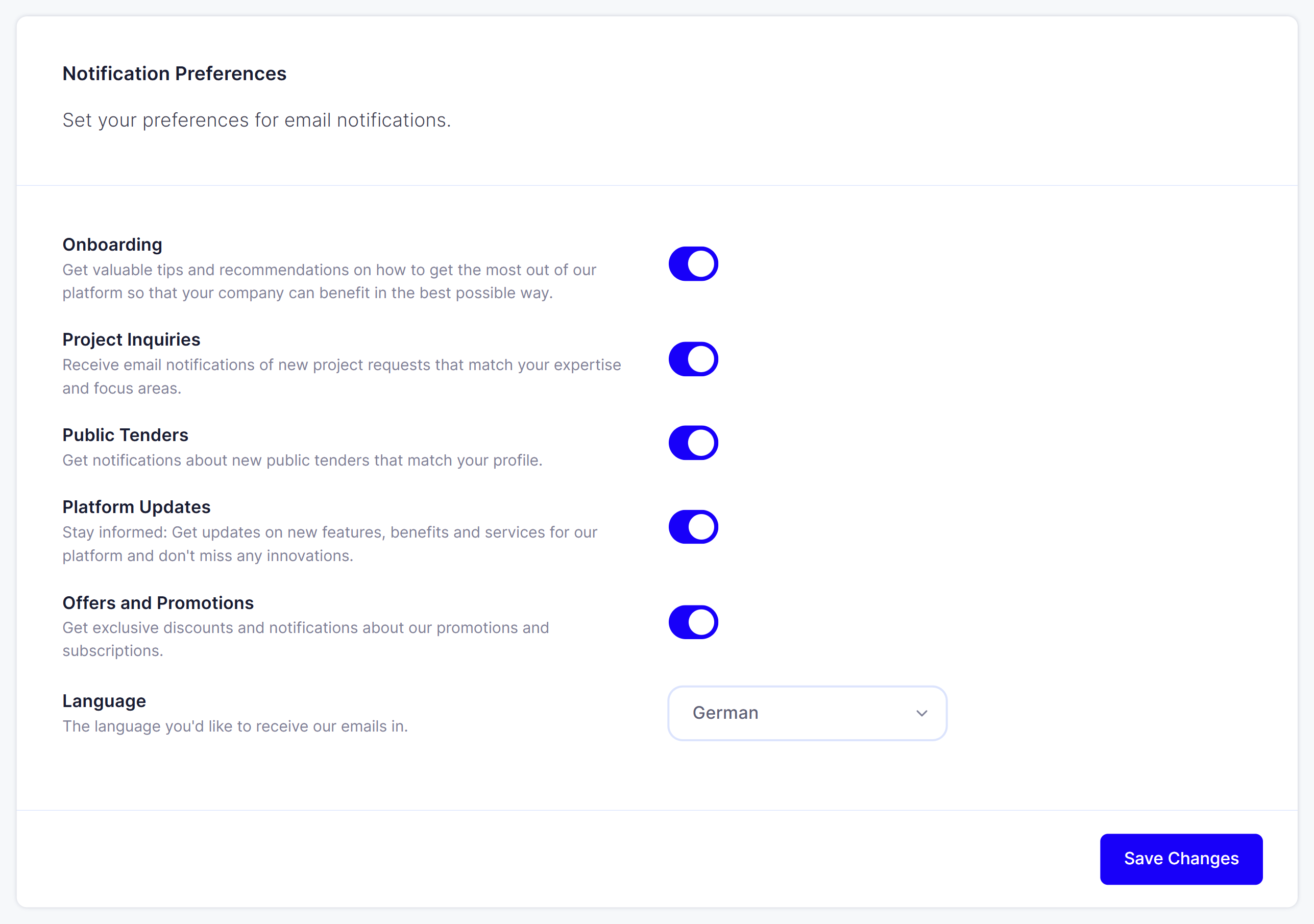 The notifications page with the five switches and the language choice