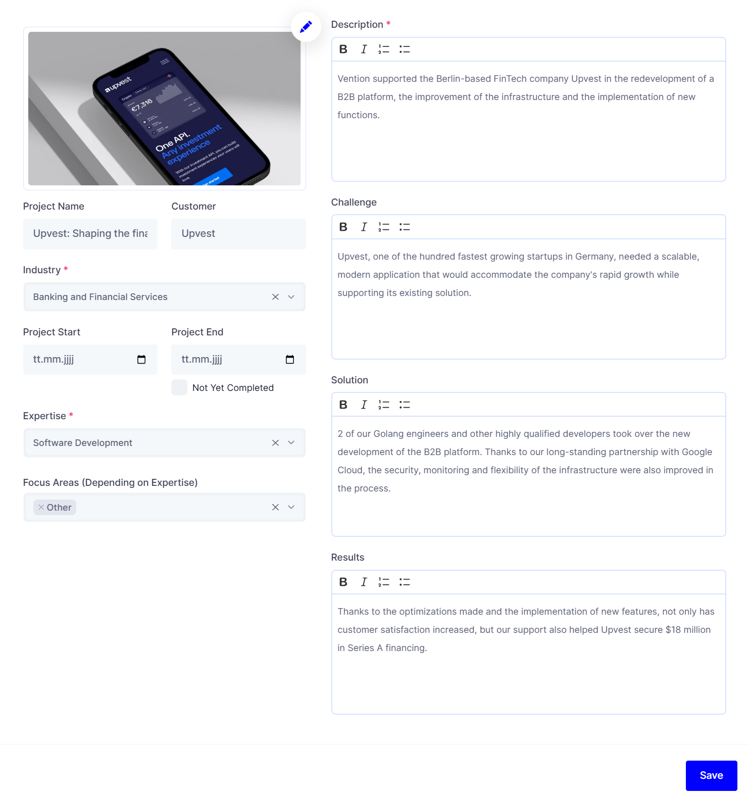 The case study editor with the project image, project name, customer, industry, period, expertise and focus areas on the left and the text fields for description, challenge, solution and results on the right