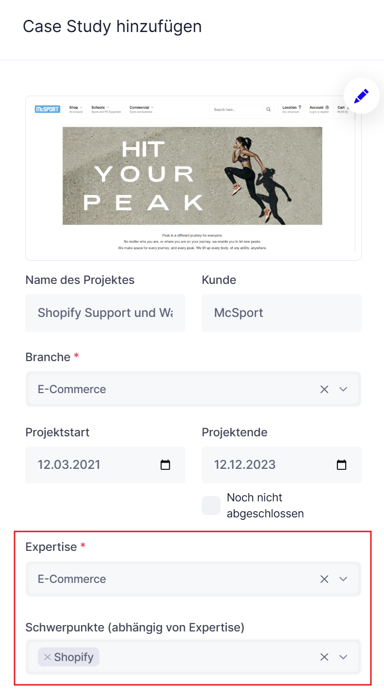 Das Formular Case Study hinzufügen mit den Projektdaten und den rot hervorgehobenen Feldern Expertise und Schwerpunkte