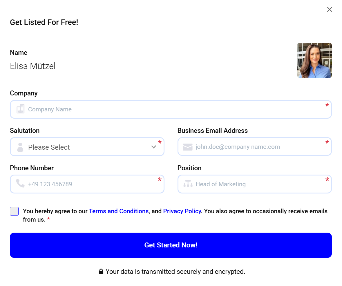 The Get Listed For Free dialog with the fields for company, salutation, business email address, phone number and position, the consent tick and the Get Started Now button